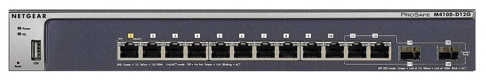 Netgear ProSafe M4100-D12G 12-port Gigabit Ethernet Fully Managed Switch, 12 RJ-45 Ports + 2 Fiber SFP Ports, Desktop/Wall-mountable - GSM5212-100NES