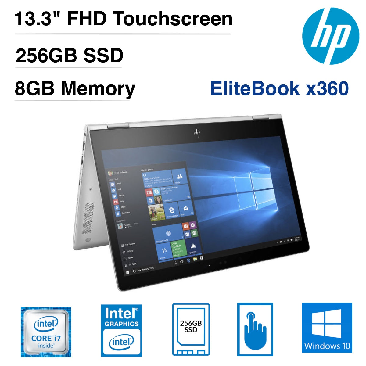 HP EliteBook X360 1030-G2 (Touchscreen) Convertible Business Notebook, 13.3." FHD, Intel Core: i7-7600U, 2.80 GHz, 8GB RAM, 256GB SSD, Windows 10 Pro 64-Bit, Aluminum- 1BS98UA#ABA