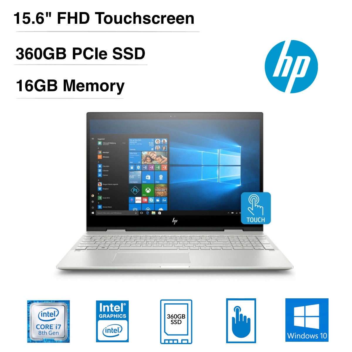 HP Envy X360 15T-BP100 15.6" FHD Touchscreen Notebook, Intel Core i7, 1.80GHz, 16GB RAM, 360GB PCIe SSD, Windows 10 Home-1ZA23AAR#ABA-WHMW