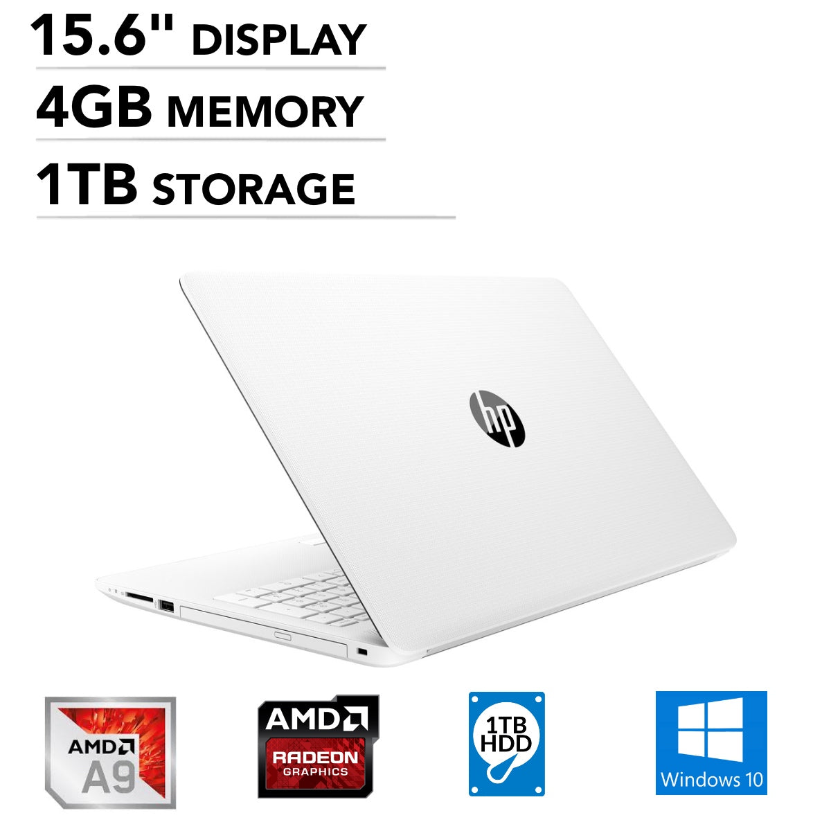 HP 15-db0071nr 15.6" HD (Non-Touch) Notebook, AMD A9-9425, 3.10GHz, 4GB RAM, 1TB SATA, Windows 10 Home 64 Bit, Snow white - 3VN19UA#ABA