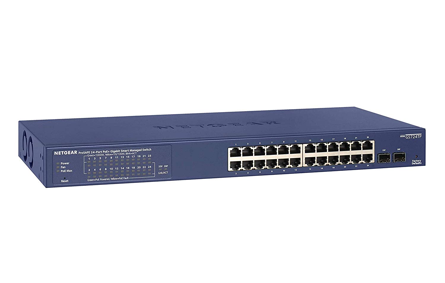 Netgear ProSafe GS724TPv2 24-Port Gigabit PoE+ Smart Managed Pro Switch, 24 x PoE+ Ports, 2 x SFP Ports - GS724TP-200NAS