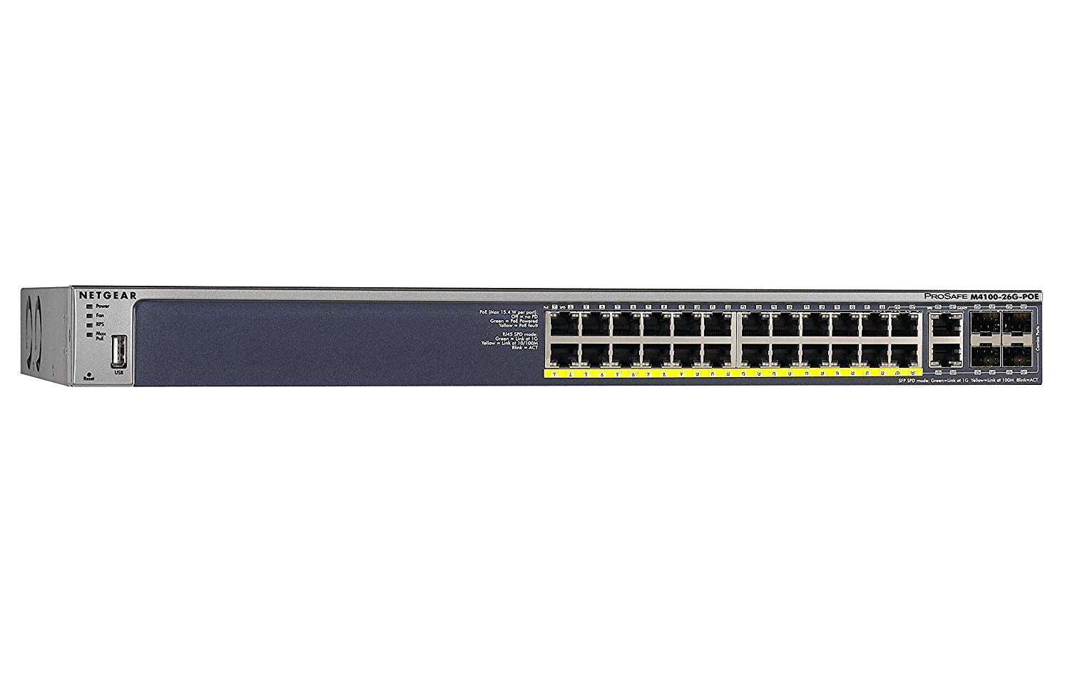 Netgear Prosafe M4100-26G-PoE Managed Ethernet Switch, 26 x PoE + 4 x SFP Ports, Desktop/Rack-mountable, Black - GSM7226LP-100NES