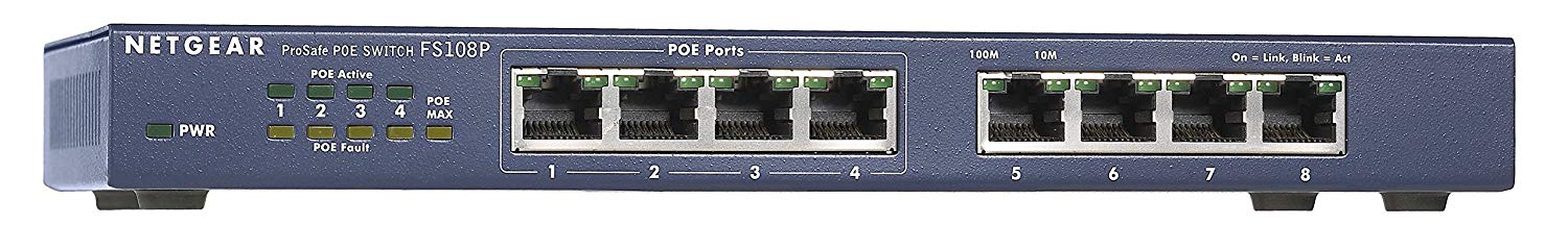 Netgear ProSafe FS108 8-Port Fast Ethernet Switch with 4 PoE Ports, Desktop/Wall-mountable - FS108PNA
