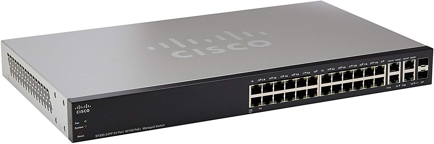 Cisco SF300-24PP 24-Port 10/100 Managed PoE Switch, 24 PoE+ + 4 RJ-45 Ports - SF300-24PP-K9NA-RF (Certified Refurbished)