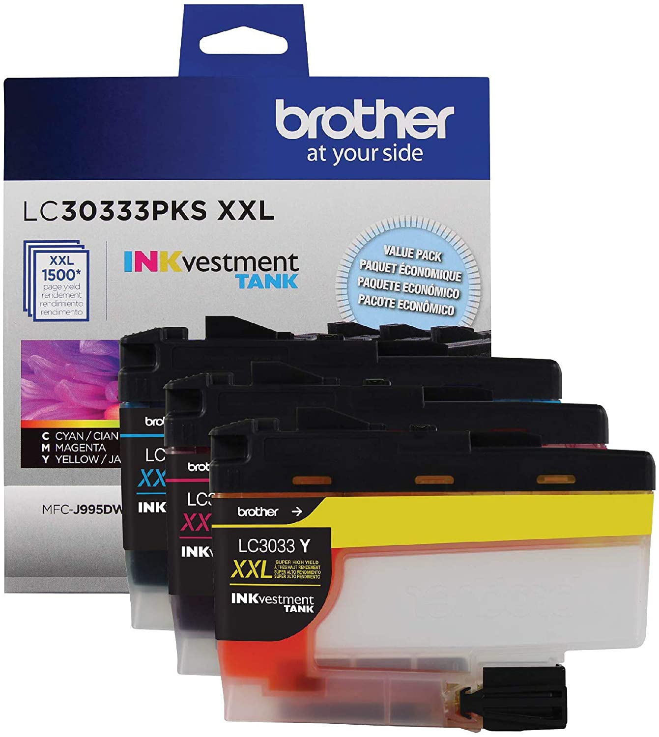 Brother Genuine INKvestment Super High-Yield 3-pack Color Tank Ink Cartridges, C/M/Y, 1500 Pages - LC30333PKS