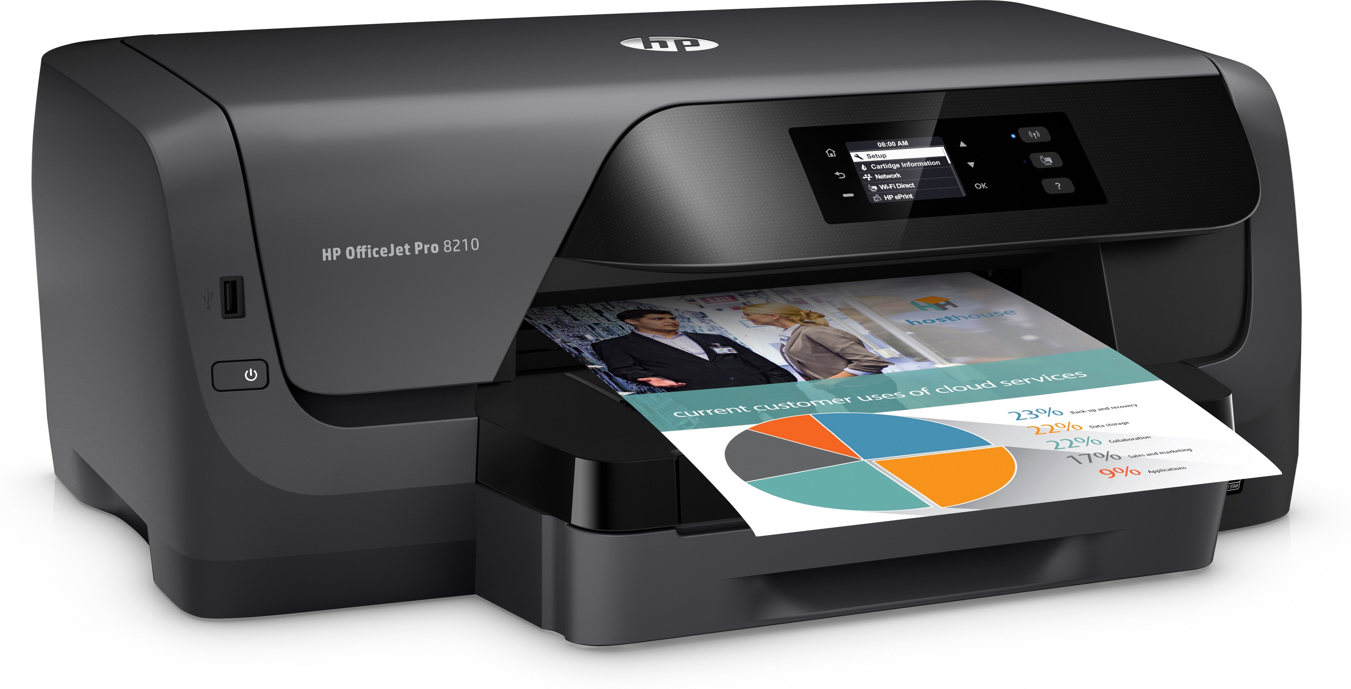 HP OfficeJet Pro 8210 Color Inkjet Printer, 22 ppm Black, 18 ppm Color, 2400 x 1200 dpi, 256 MB Memory, 250-sheet Input, WiFi, Ethernet, Hi-Speed USB 2.0 - D9L64A#B1H