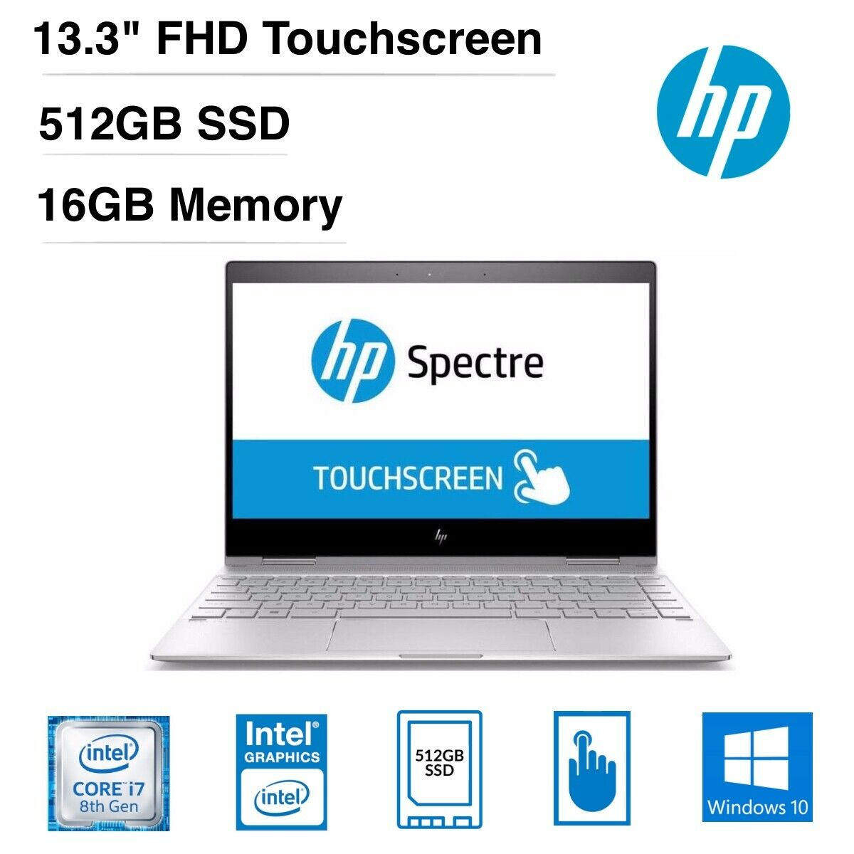 HP Spectre x360 13t-ae000 13.3" FHD (Touchscreen) Convertible Notebook, Intel Core i7, 1.80GHz, 16GB RAM, 512GB SSD, Windows 10 Home 64-Bit- 1ZX32AAR#ABA-WKP7