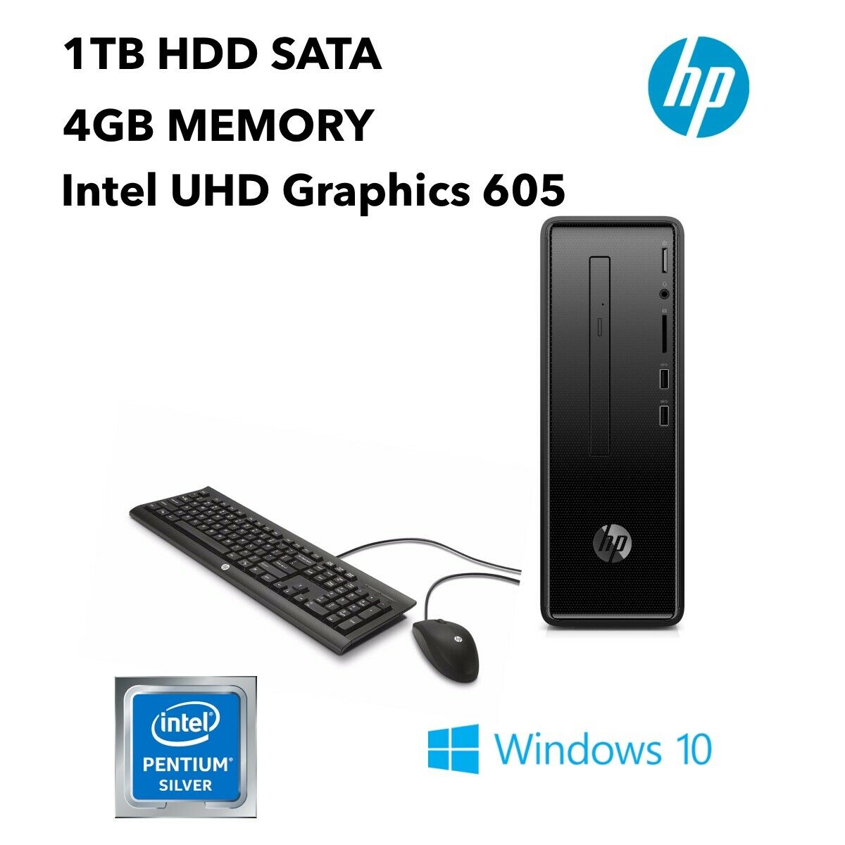 HP 290-a0020 Slim Desktop PC, Intel Pentium Silver J5005, 1.50GHz, 4GB RAM, 1TB HDD, Windows 10 Home 64-Bit- 3LA08AA#ABA