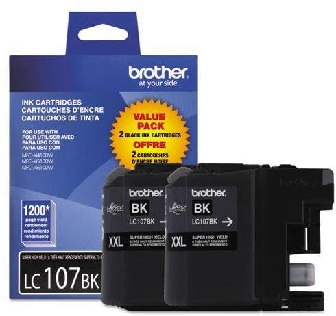 Brother Genuine LC107BK Super High-Yield Black Ink Cartridges (Twin Pack), 1200 Pages - LC1072PKS
