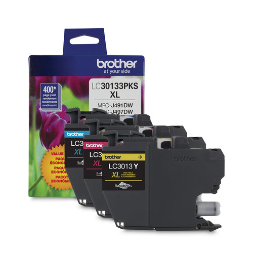 Brother Genuine LC3013 High-Yield 3-pack Color Ink Cartridges, C/M/Y, 400 Pages - LC30133PKS