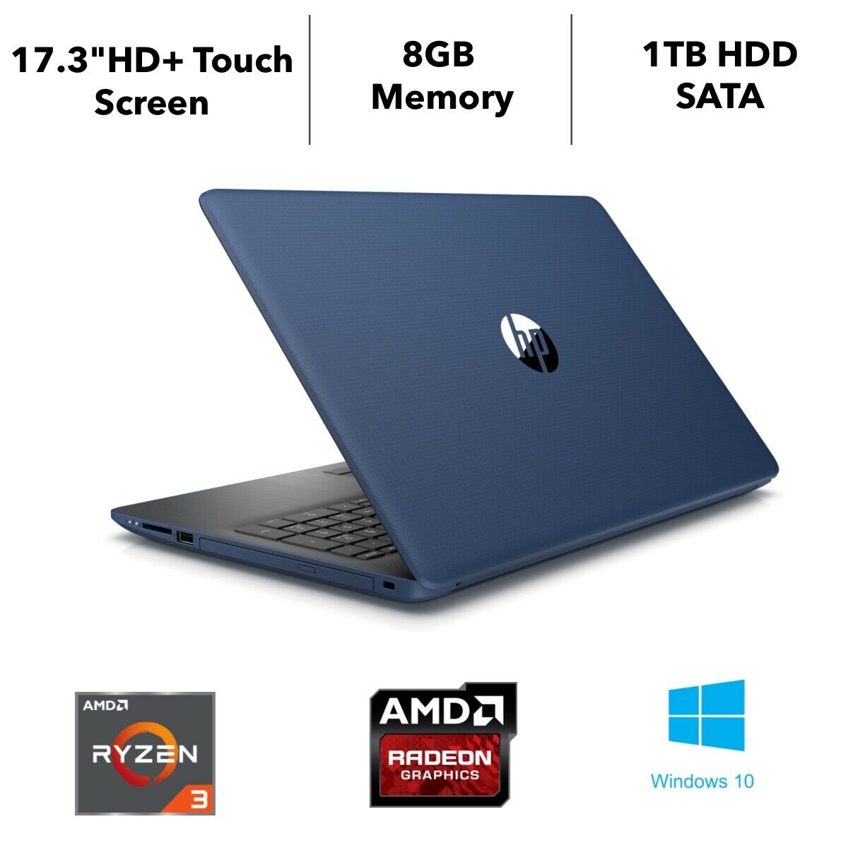 HP 17-ca0009ds 17.3" HD+ (Touchscreen) Notebook, AMD:R3-2300U, 2.0GHz, 8GB RAM, 1TB HDD, Windows 10 Home 64-Bit- 5HH08UA#ABA