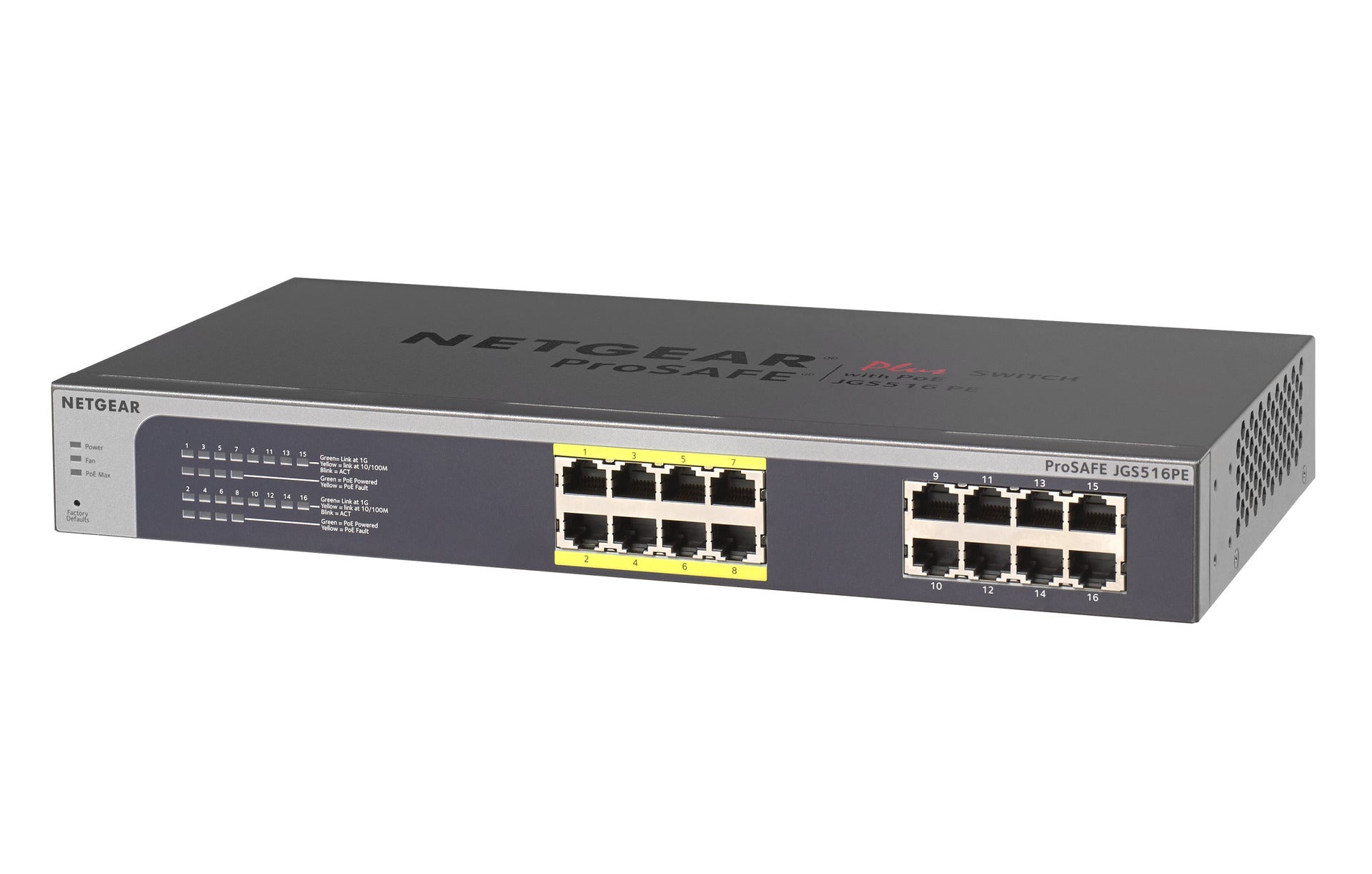 Netgear Prosafe Plus 16-Port Gigabit Ethernet Web Managed PoE Switch, 8 RJ-45+8 PoE Ports - JGS516PE-100NAS