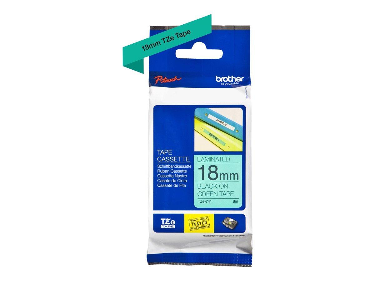 Brother TZE Flat Surface Laminated Tape, Black on Green Tape for P-Touch Labelers, Thermal Transfer, Direct Thermal - TZE741