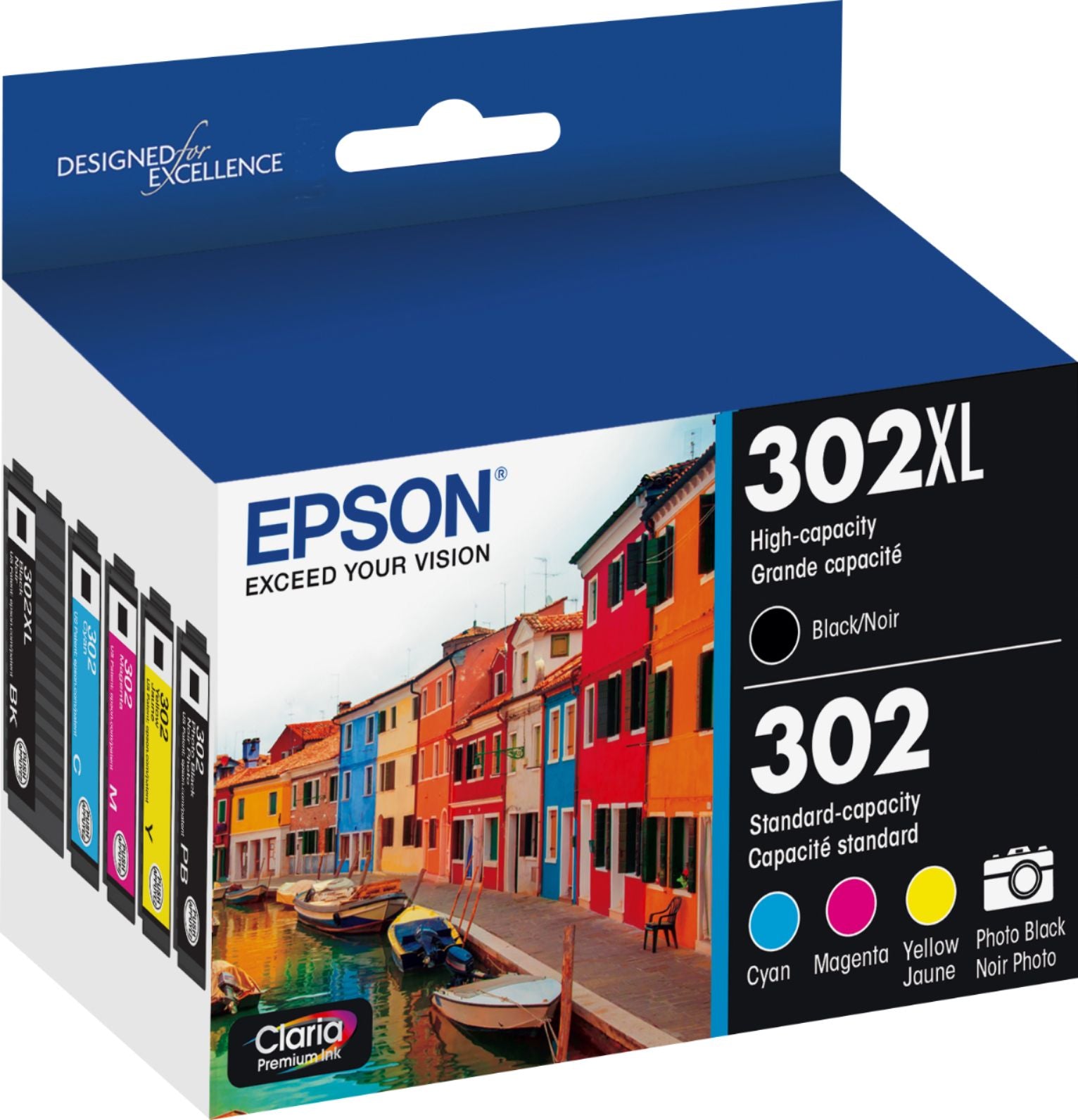 Epson 302XL Black High Capacity and Color Standard Capacity Ink Cartridges (5-Pack), Cyan/Magenta/Yellow/Black/Photo Black - T302XL-BCS