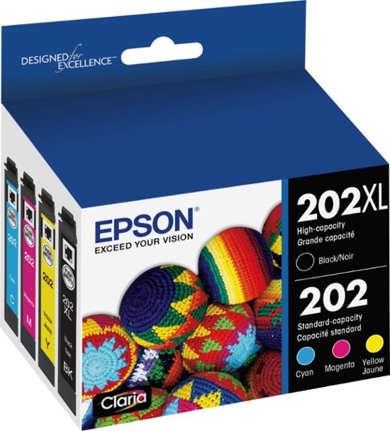 Epson 202XL High Capacity Black and Standard Color Ink Cartridges (4-Pack), Cyan/Magenta/Yellow/Black - T202XL-BCS