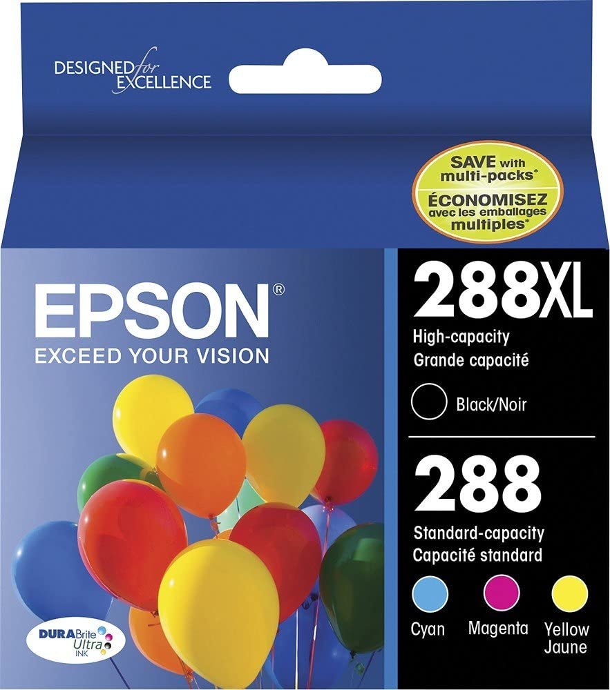 Epson 288XL High Capacity Black and Standard Capacity Color Ink Cartridges (4-Pack), Cyan/Magenta/Yellow/Black - T288XL-BCS