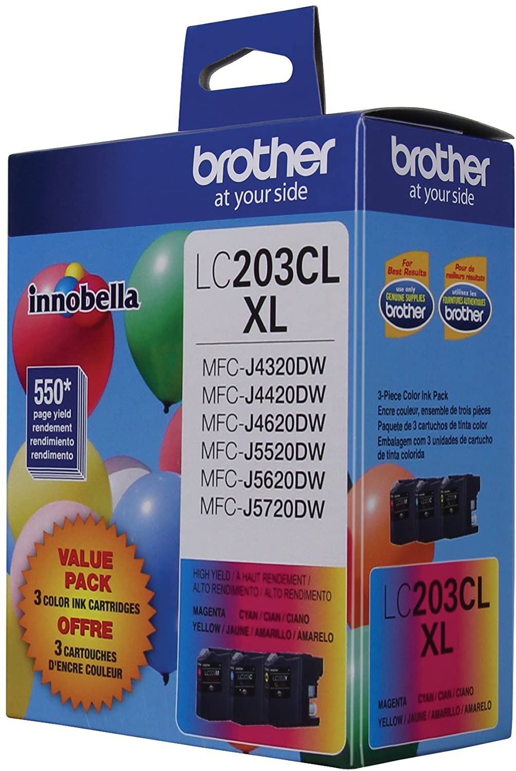 Brother Genuine LC203CL High-Yield 3-pack Color Ink Cartridges, C/M/Y, 550 Pages - LC2033PKS