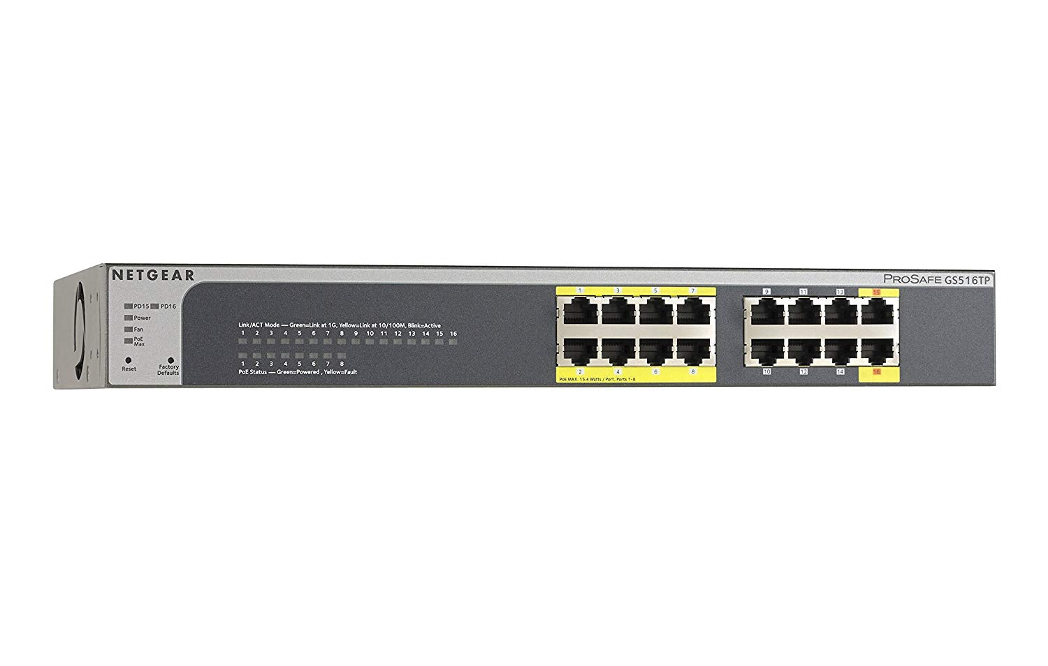 Netgear ProSAFE 16-port Gigabit Managed PoE Ethernet Switch, 8 x RJ-45 + 8 x PoE Ports, Desktop/Rack-mountable - GS516TP-100NAS