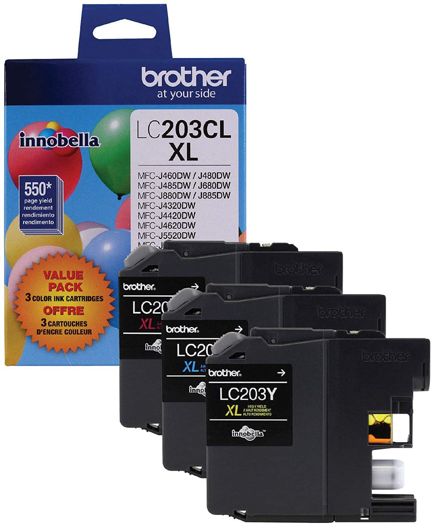 Brother Genuine LC203CL High-Yield 3-pack Color Ink Cartridges, C/M/Y, 550 Pages - LC2033PKS
