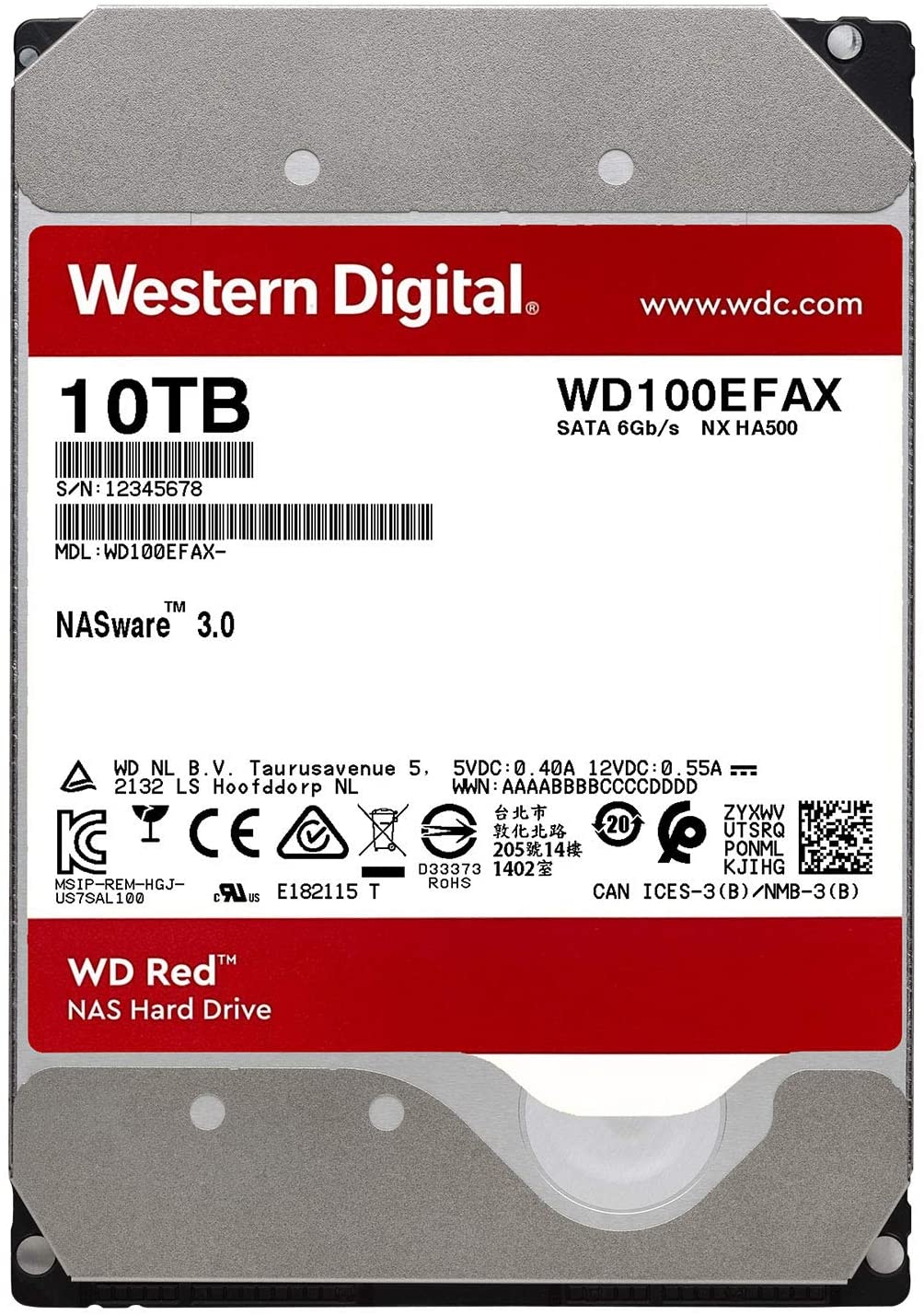 Western Digital 10TB 3.5" NAS Internal Hard Drive, 256MB Cache, 5400rpm, SATA - WD100EFAX