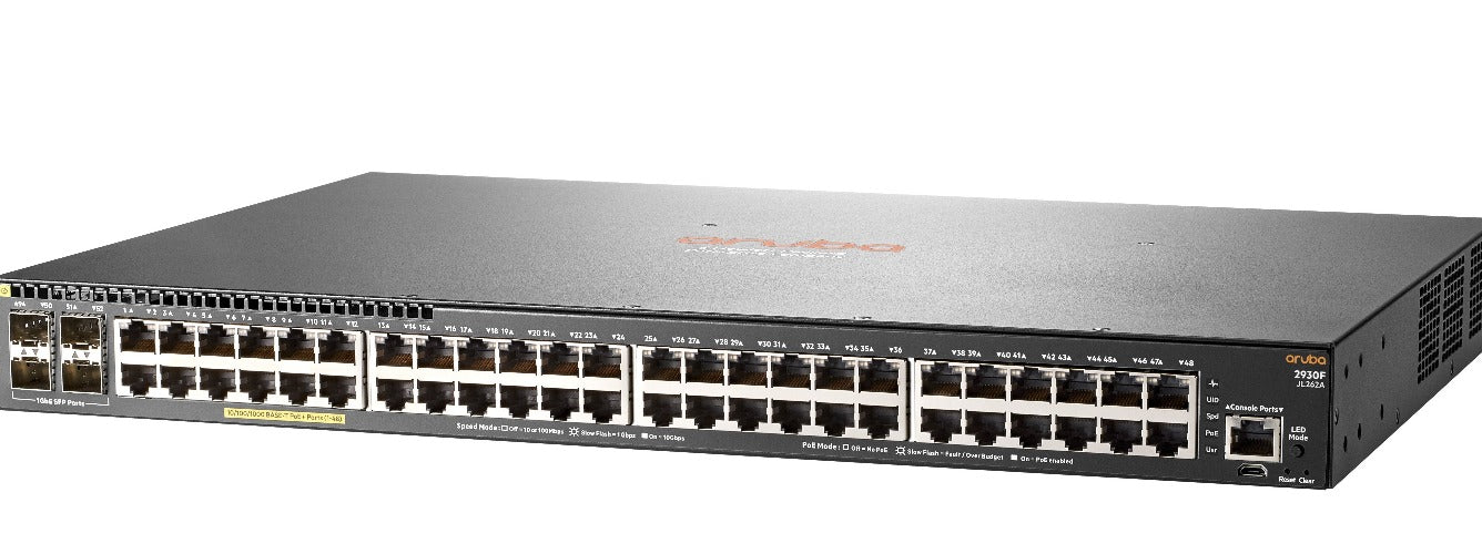 HPE Aruba 2930F 48G PoE+ 4SFP Switch, 48 x RJ-45 PoE+, 4 x SFP, 1 x RJ-45 Serial Console Port - JL262A#ABA