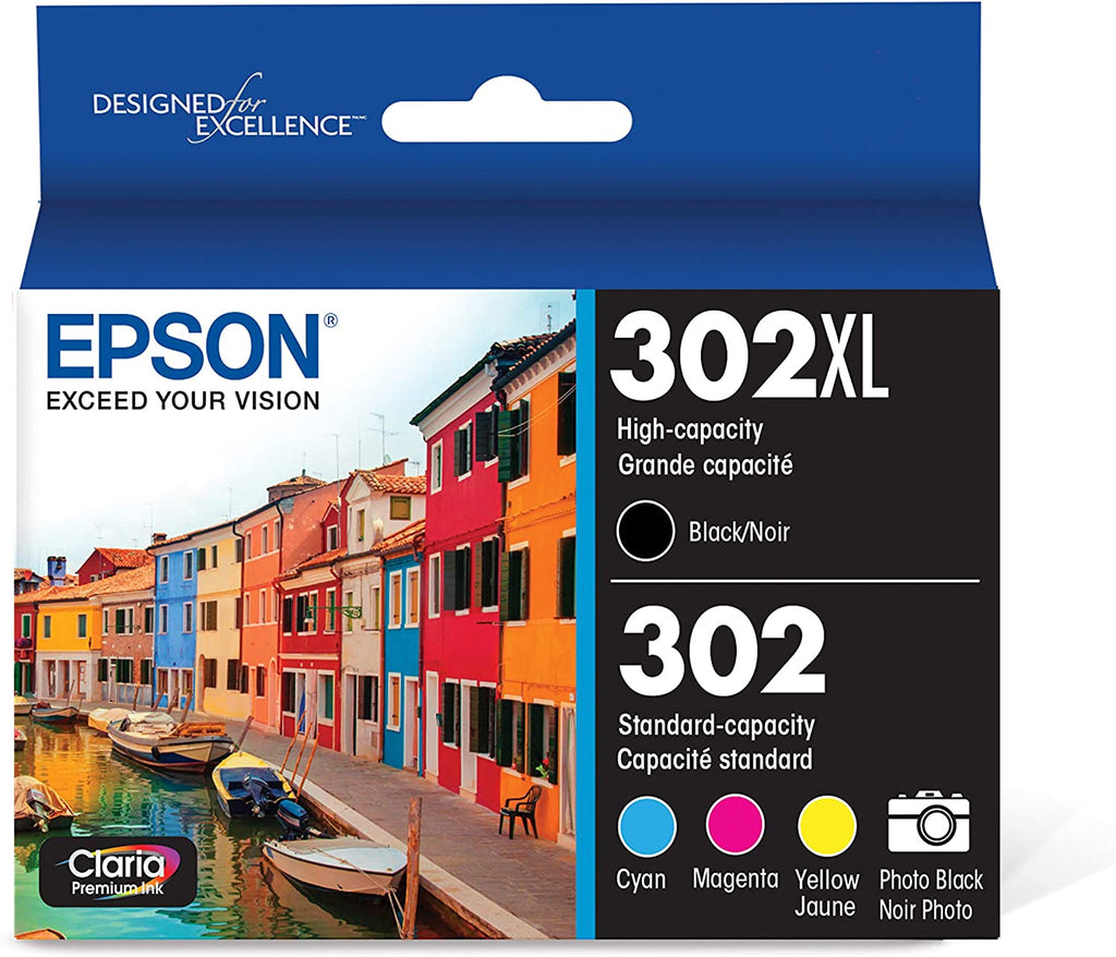 Epson 302XL Black High Capacity and Color Standard Capacity Ink Cartridges (5-Pack), Cyan/Magenta/Yellow/Black/Photo Black - T302XL-BCS