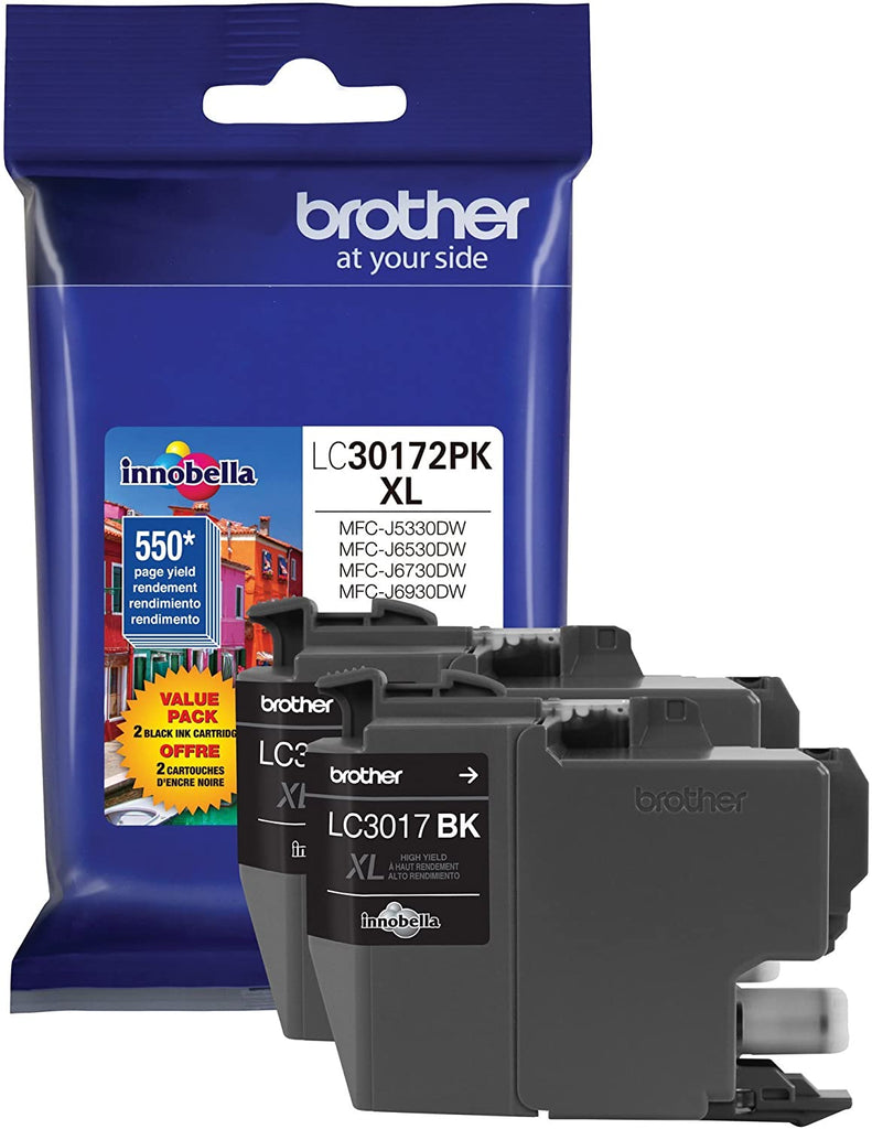 Brother Genuine LC3017 High-Yield 2-pack Black Ink Cartridges, 550 Pages - LC30172PK