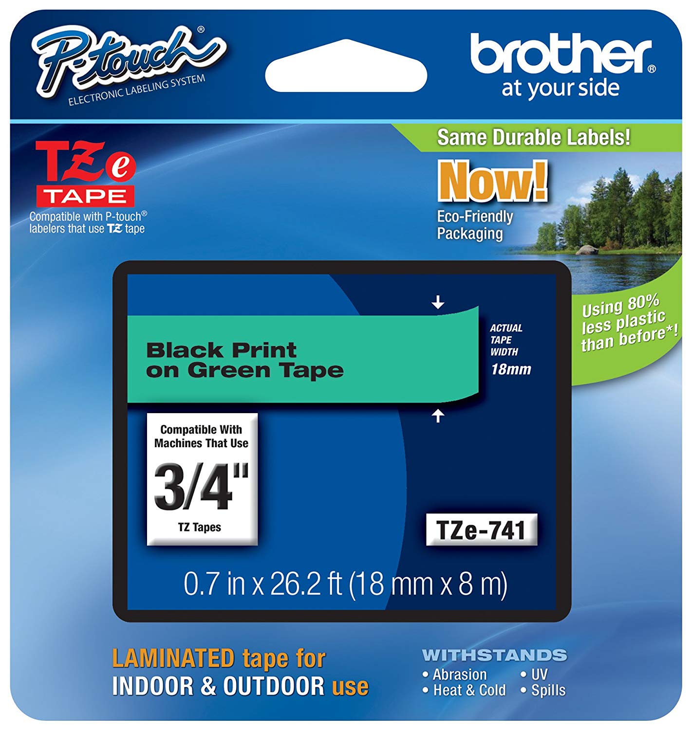 Brother TZE Flat Surface Laminated Tape, Black on Green Tape for P-Touch Labelers, Thermal Transfer, Direct Thermal - TZE741