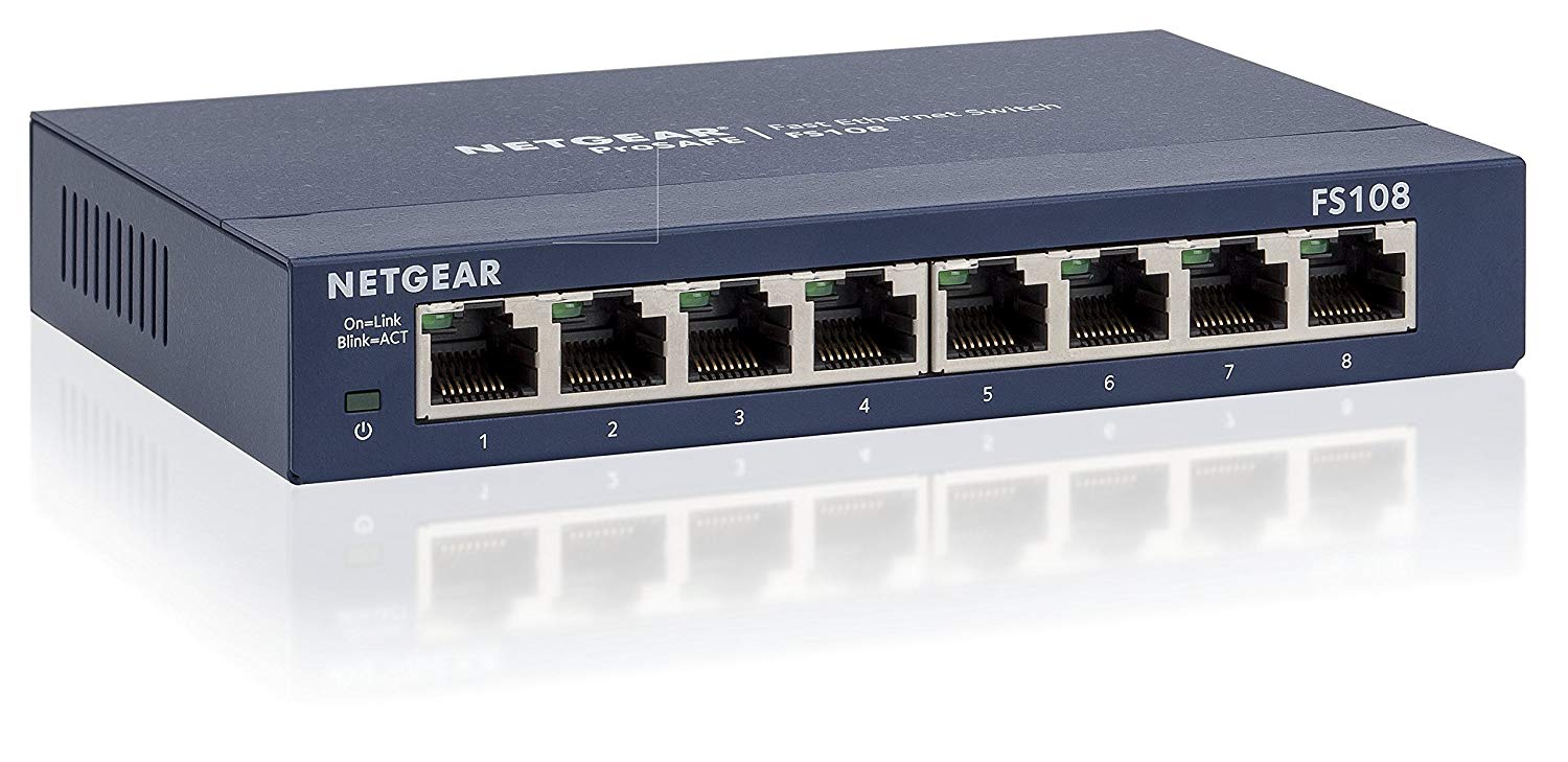 Netgear ProSafe 8-Port Fast Ethernet Unmanaged Switch, 8 x RJ-45 Ports, 8MB Memory, Desktop/Wall-mountable - FS108NA