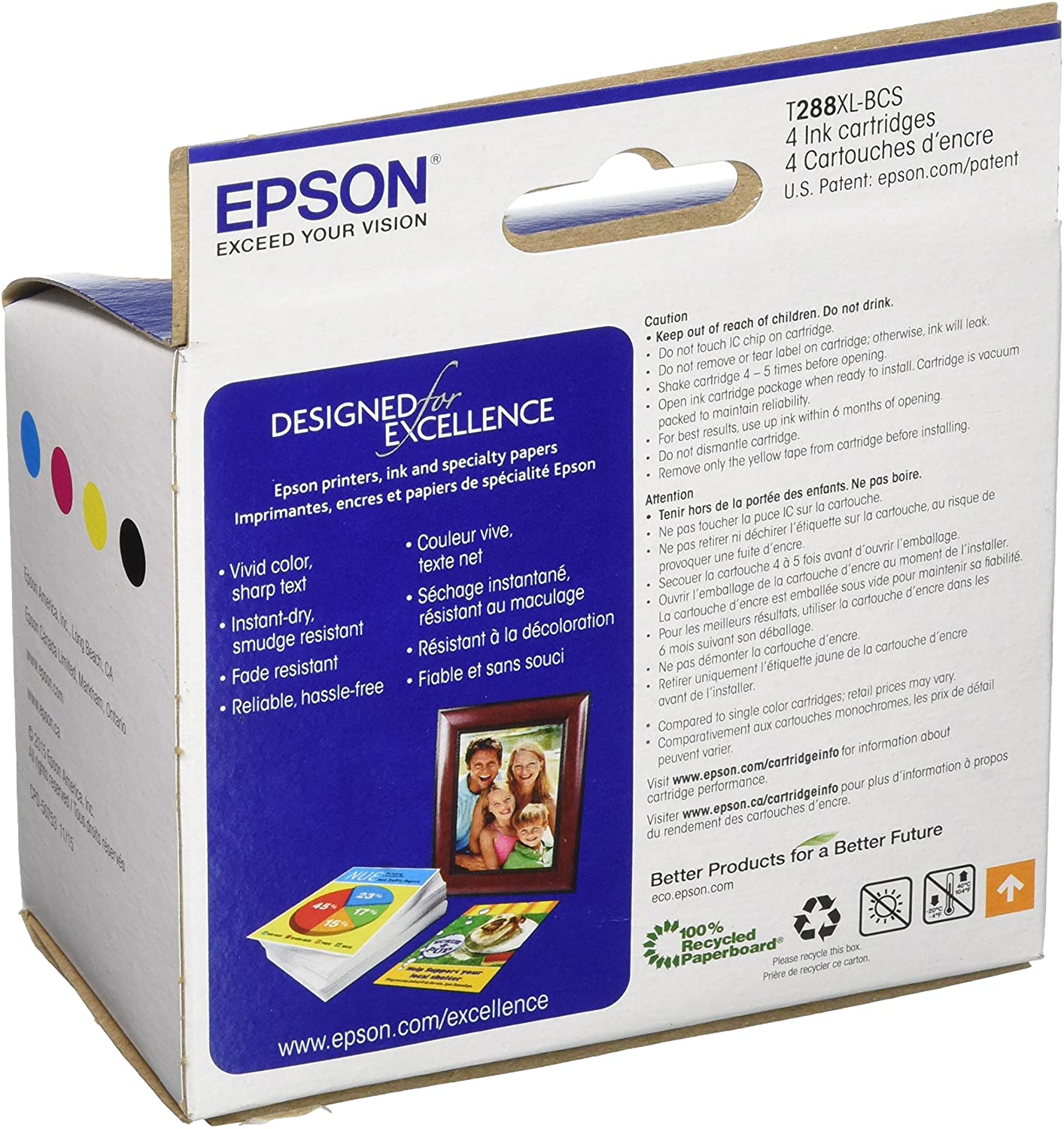 Epson 288XL High Capacity Black and Standard Capacity Color Ink Cartridges (4-Pack), Cyan/Magenta/Yellow/Black - T288XL-BCS