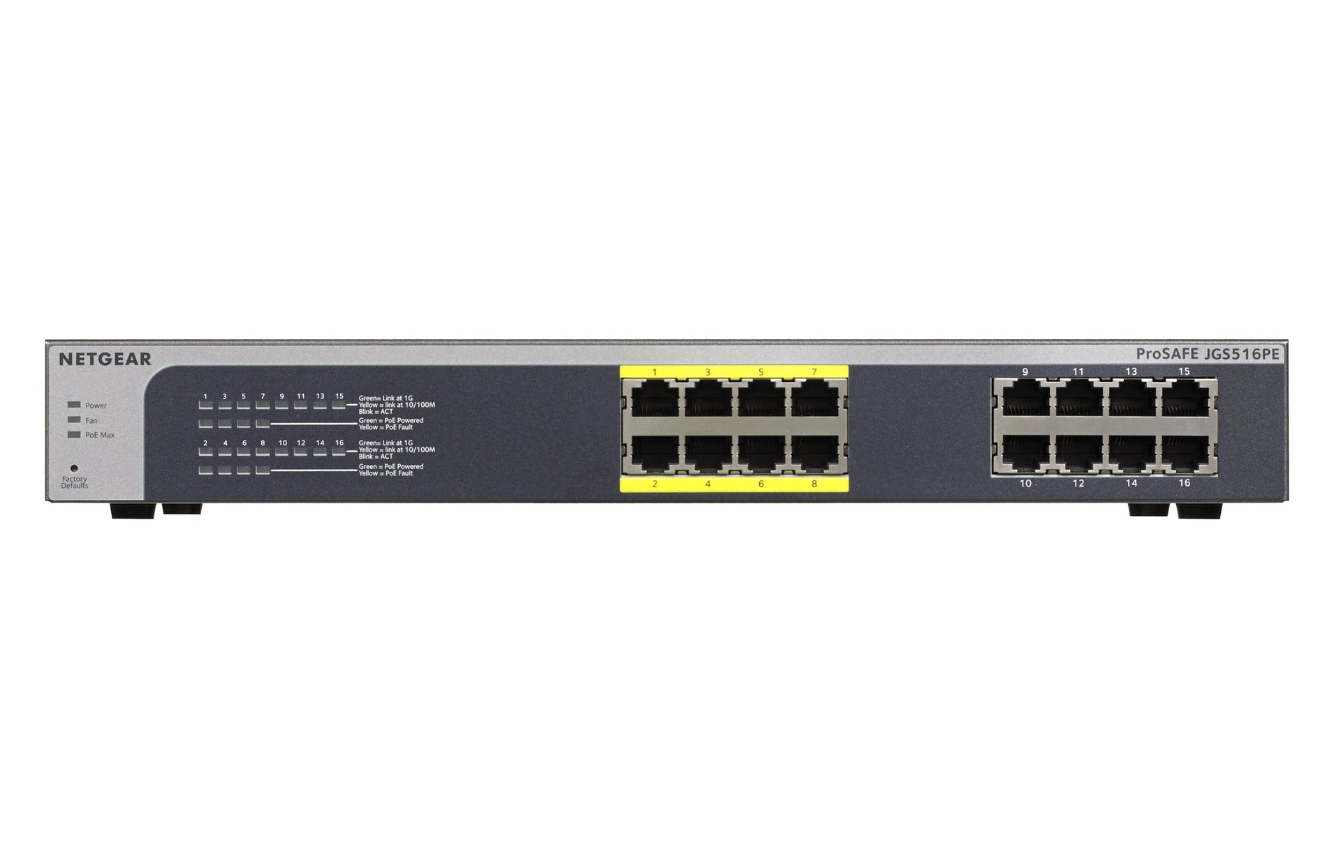Netgear Prosafe Plus 16-Port Gigabit Ethernet Web Managed PoE Switch, 8 RJ-45+8 PoE Ports - JGS516PE-100NAS