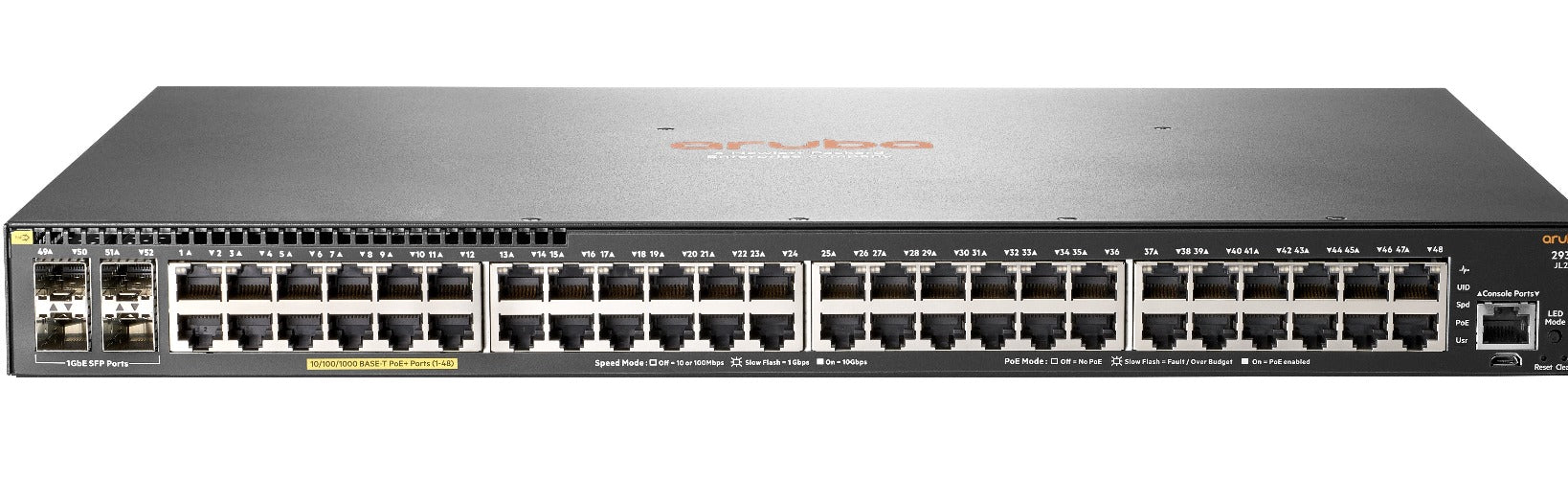 HPE Aruba 2930F 48G PoE+ 4SFP Switch, 48 x RJ-45 PoE+, 4 x SFP, 1 x RJ-45 Serial Console Port - JL262A#ABA