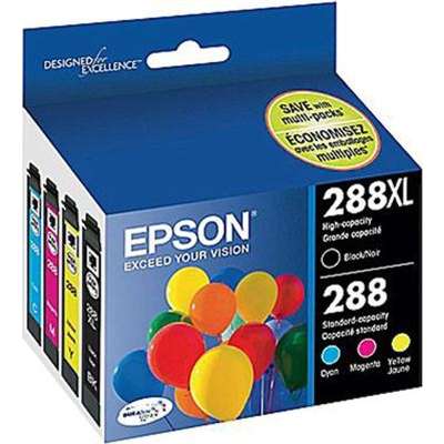Epson 288XL High Capacity Black and Standard Capacity Color Ink Cartridges (4-Pack), Cyan/Magenta/Yellow/Black - T288XL-BCS