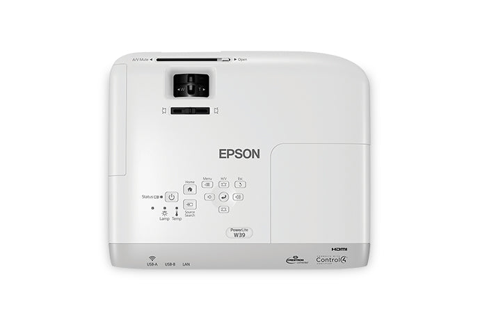 Epson PowerLite W39 Projector, 3LCD WXGA (1280 x 800), 3500-Lumen, 15,000:1, White - V11H856020