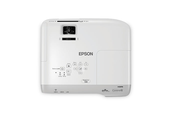 Epson PowerLite 108 Desktop Data Projector, 3LCD XGA (1024x768), 3700 Lumens, 15,000:1, White - V11H860020