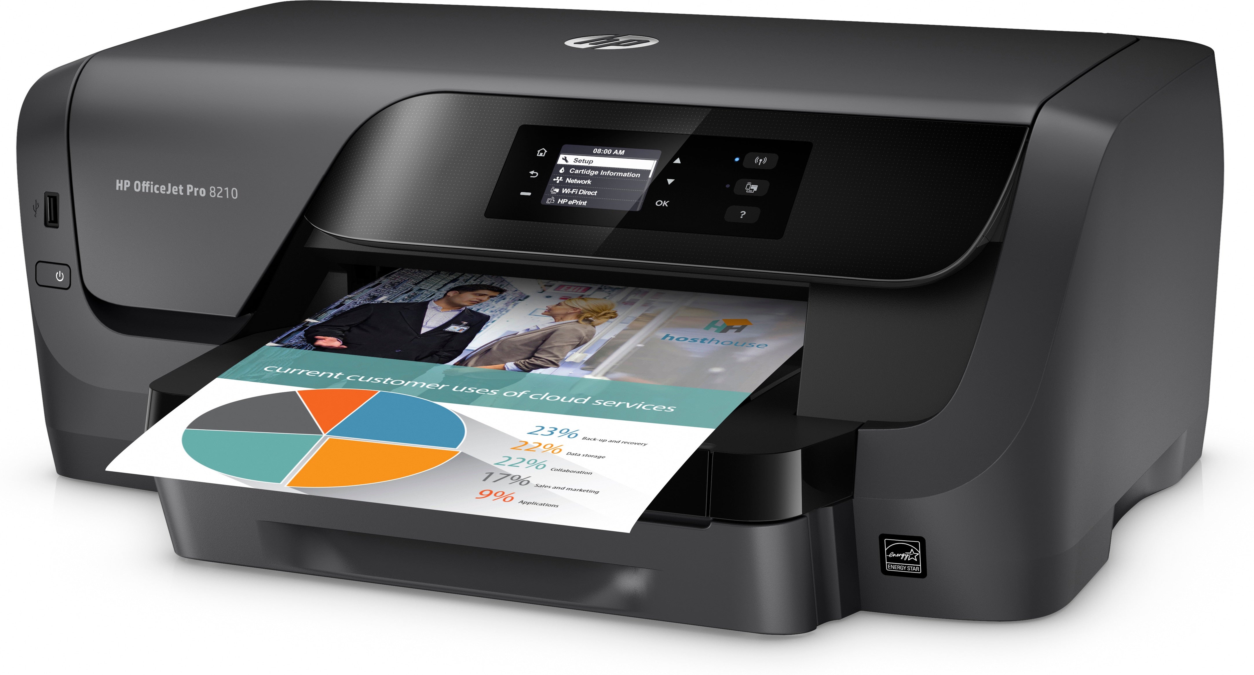 HP OfficeJet Pro 8210 Color Inkjet Printer, 22 ppm Black, 18 ppm Color, 2400 x 1200 dpi, 256 MB Memory, 250-sheet Input, WiFi, Ethernet, Hi-Speed USB 2.0 - D9L64A#B1H