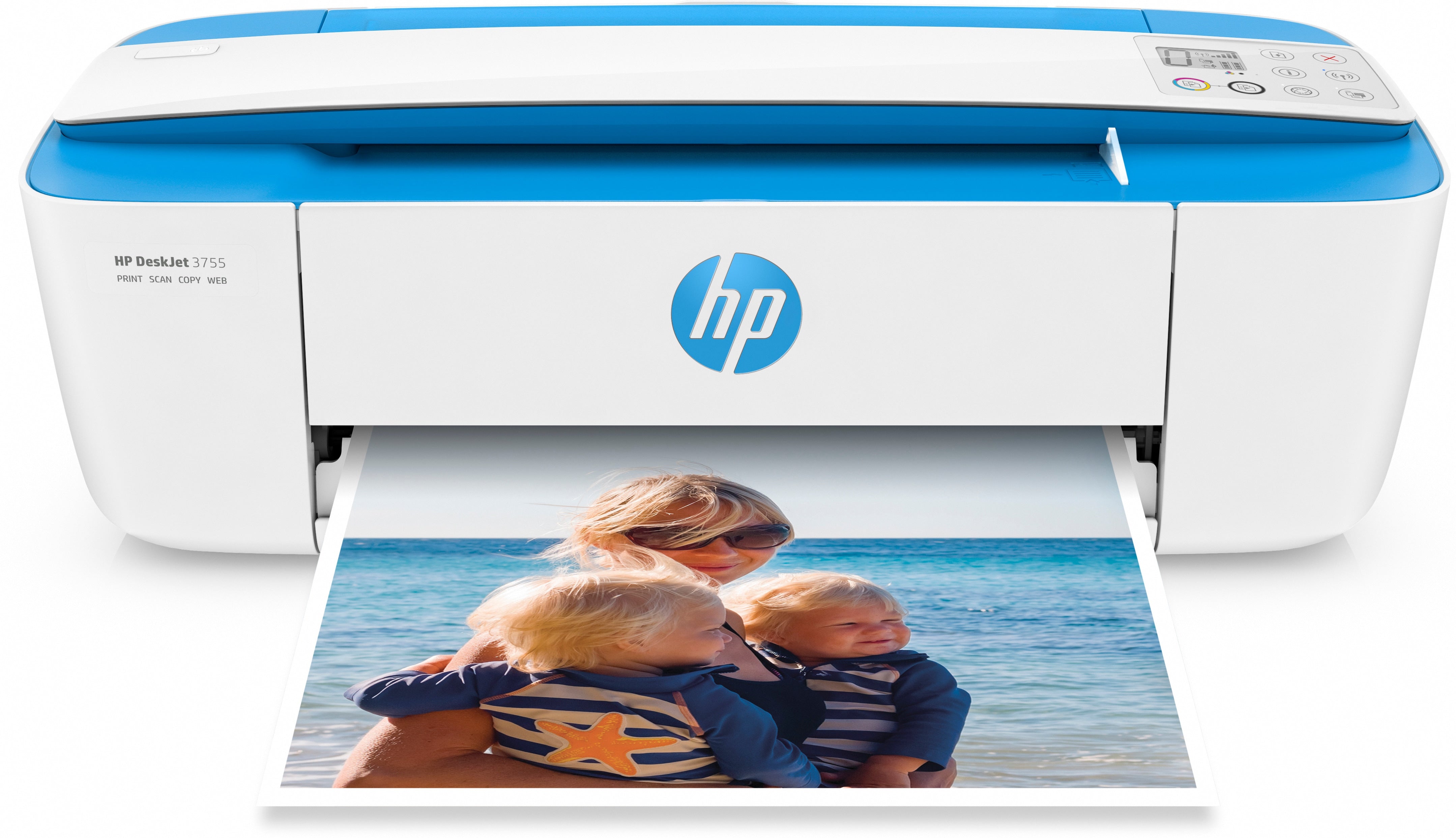 HP DeskJet 3755 All-in-One Color Inkjet Printer, 8 ppm Black, 5.5 ppm Color, 4800 x 1200 dpi, 64 MB Memory, WiFi, High-speed USB 2.0, Duplex Printing, Blue - J9V90A#B1H