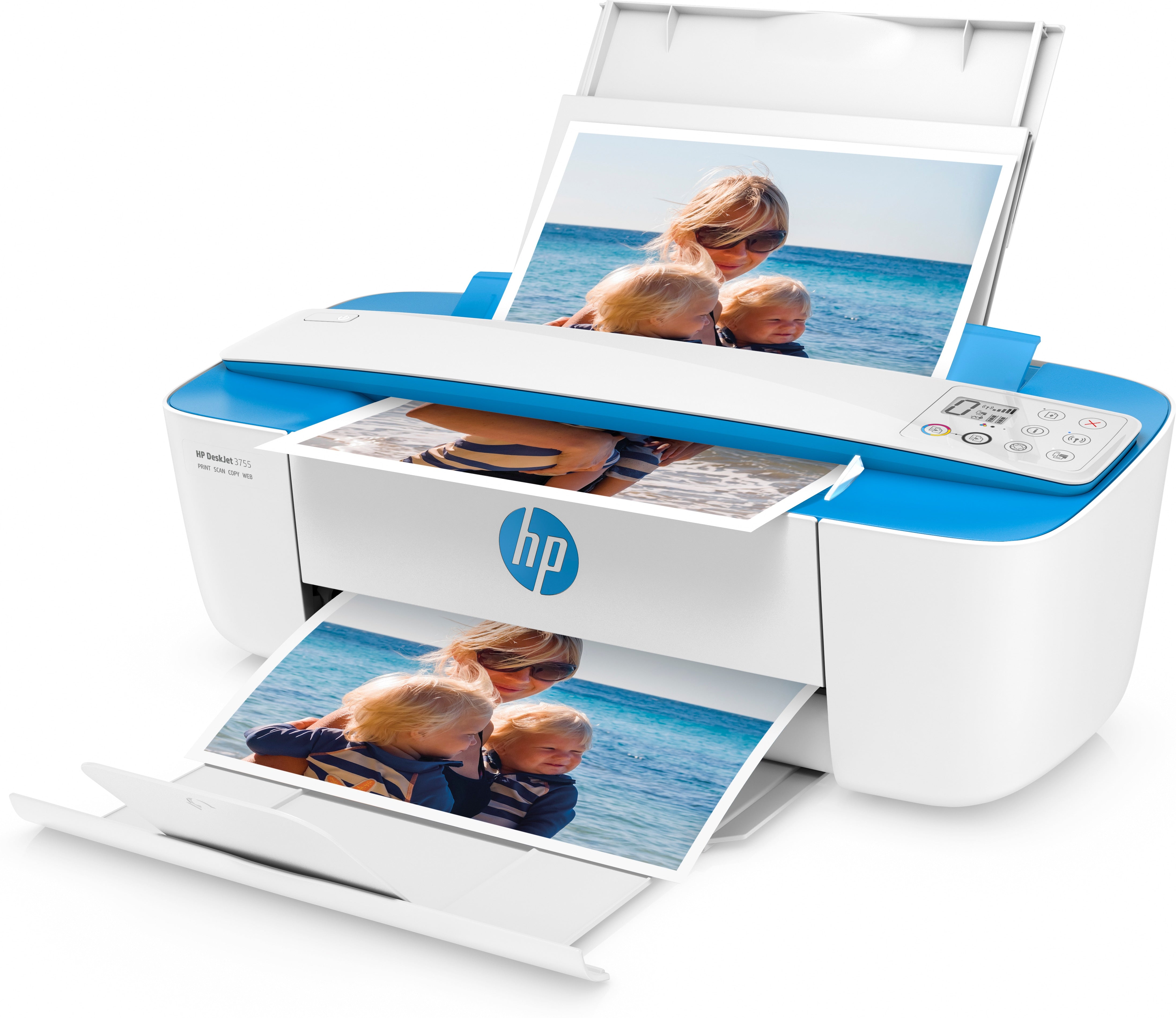 HP DeskJet 3755 All-in-One Color Inkjet Printer, 8 ppm Black, 5.5 ppm Color, 4800 x 1200 dpi, 64 MB Memory, WiFi, High-speed USB 2.0, Duplex Printing, Blue - J9V90A#B1H