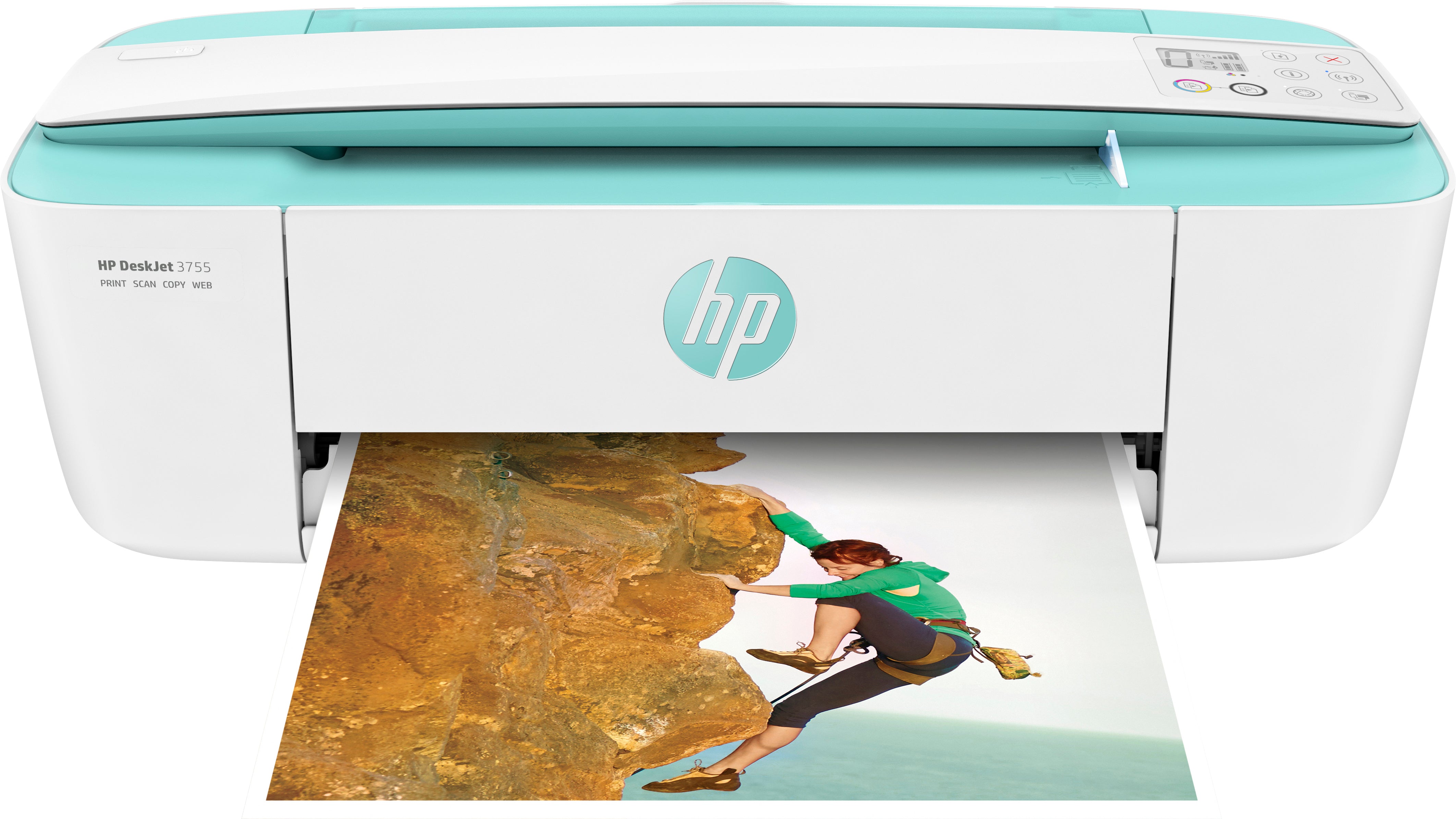 HP DeskJet 3755 All-in-One Color Inkjet Printer, 8 ppm Black, 5.5 ppm Color, 4800 x 1200 dpi, 64 MB Memory, WiFi, High-speed USB 2.0, Duplex Printing, Seagrass Accent - J9V92A#B1H
