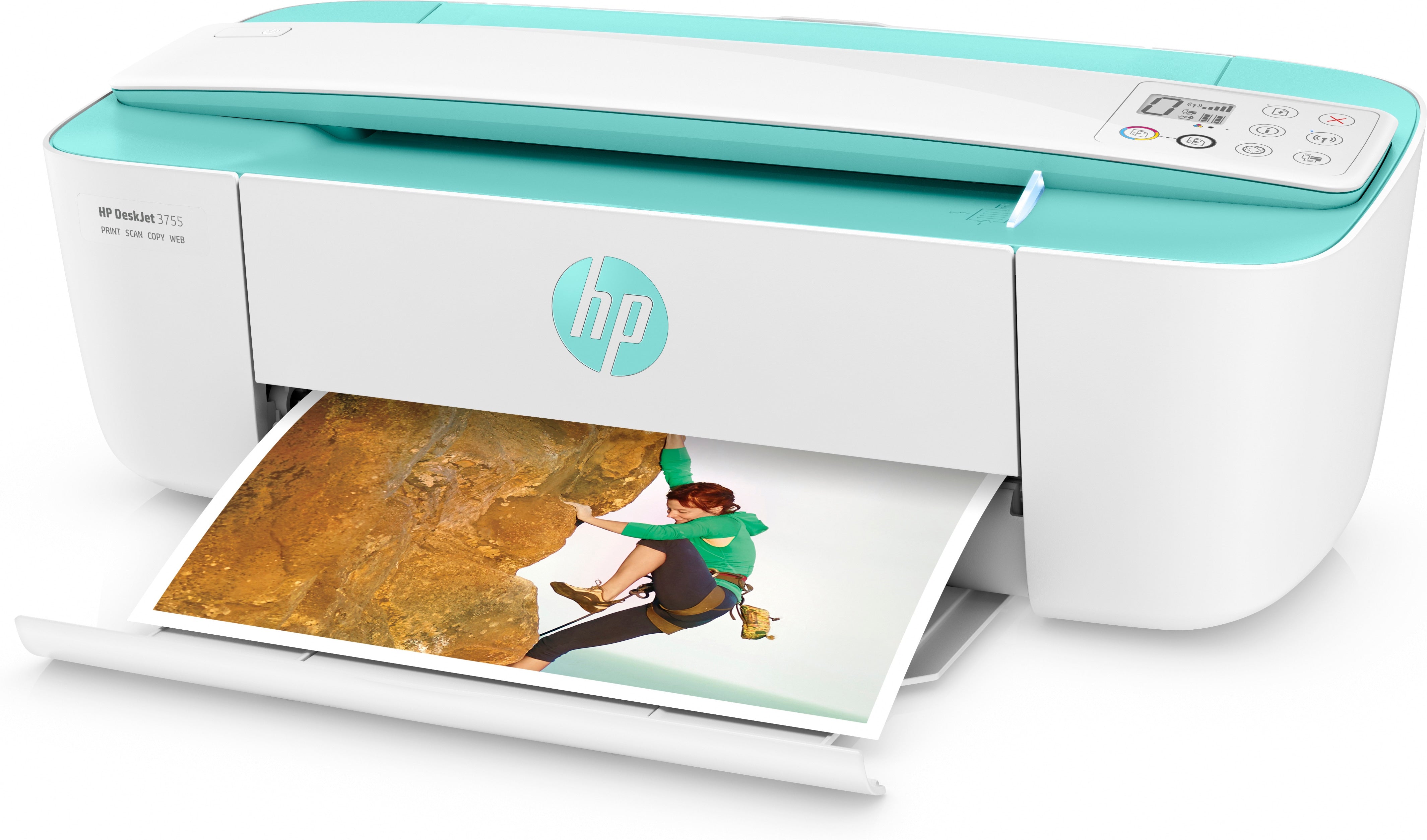 HP DeskJet 3755 All-in-One Color Inkjet Printer, 8 ppm Black, 5.5 ppm Color, 4800 x 1200 dpi, 64 MB Memory, WiFi, High-speed USB 2.0, Duplex Printing, Seagrass Accent - J9V92A#B1H