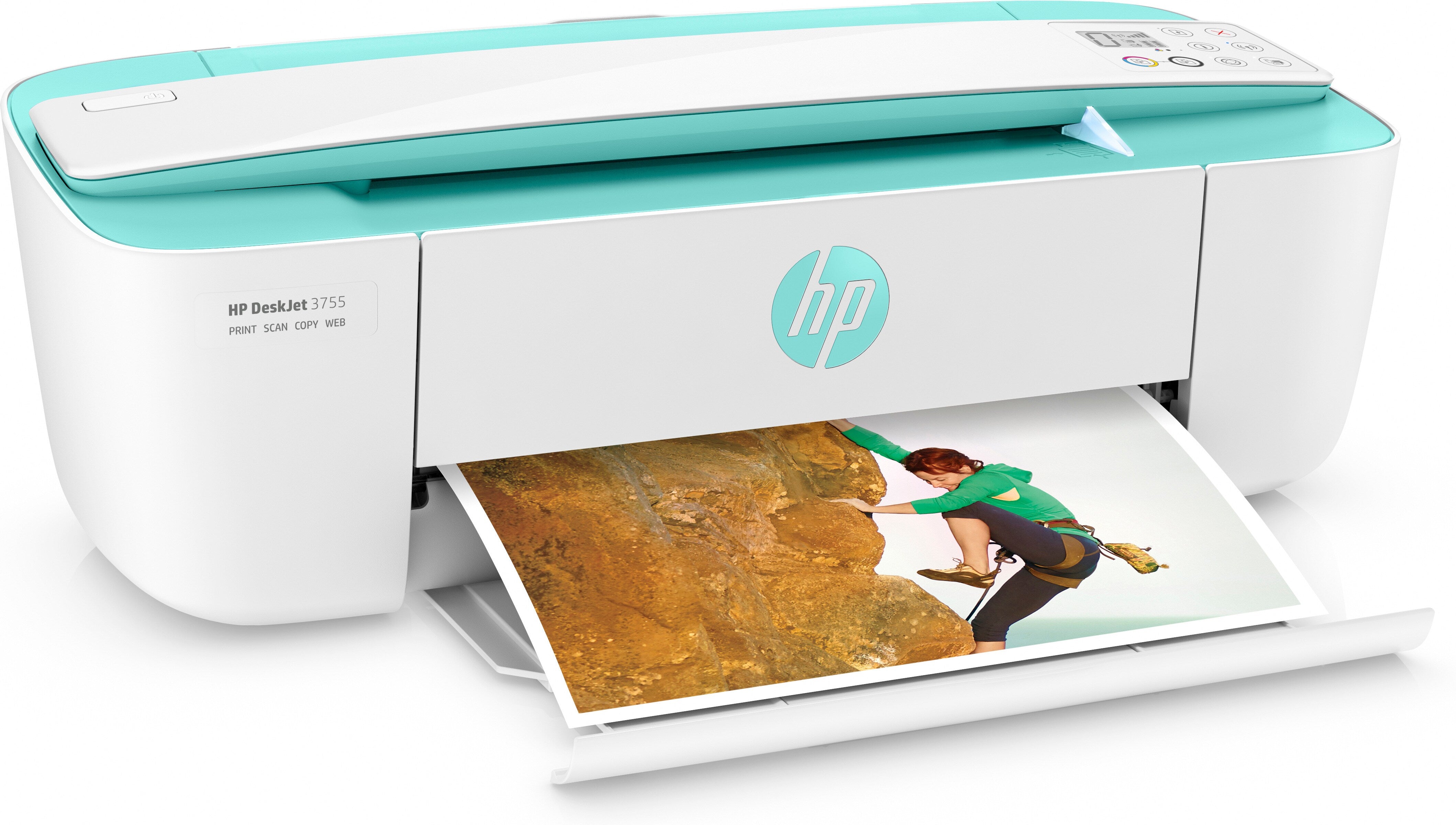 HP DeskJet 3755 All-in-One Color Inkjet Printer, 8 ppm Black, 5.5 ppm Color, 4800 x 1200 dpi, 64 MB Memory, WiFi, High-speed USB 2.0, Duplex Printing, Seagrass Accent - J9V92A#B1H