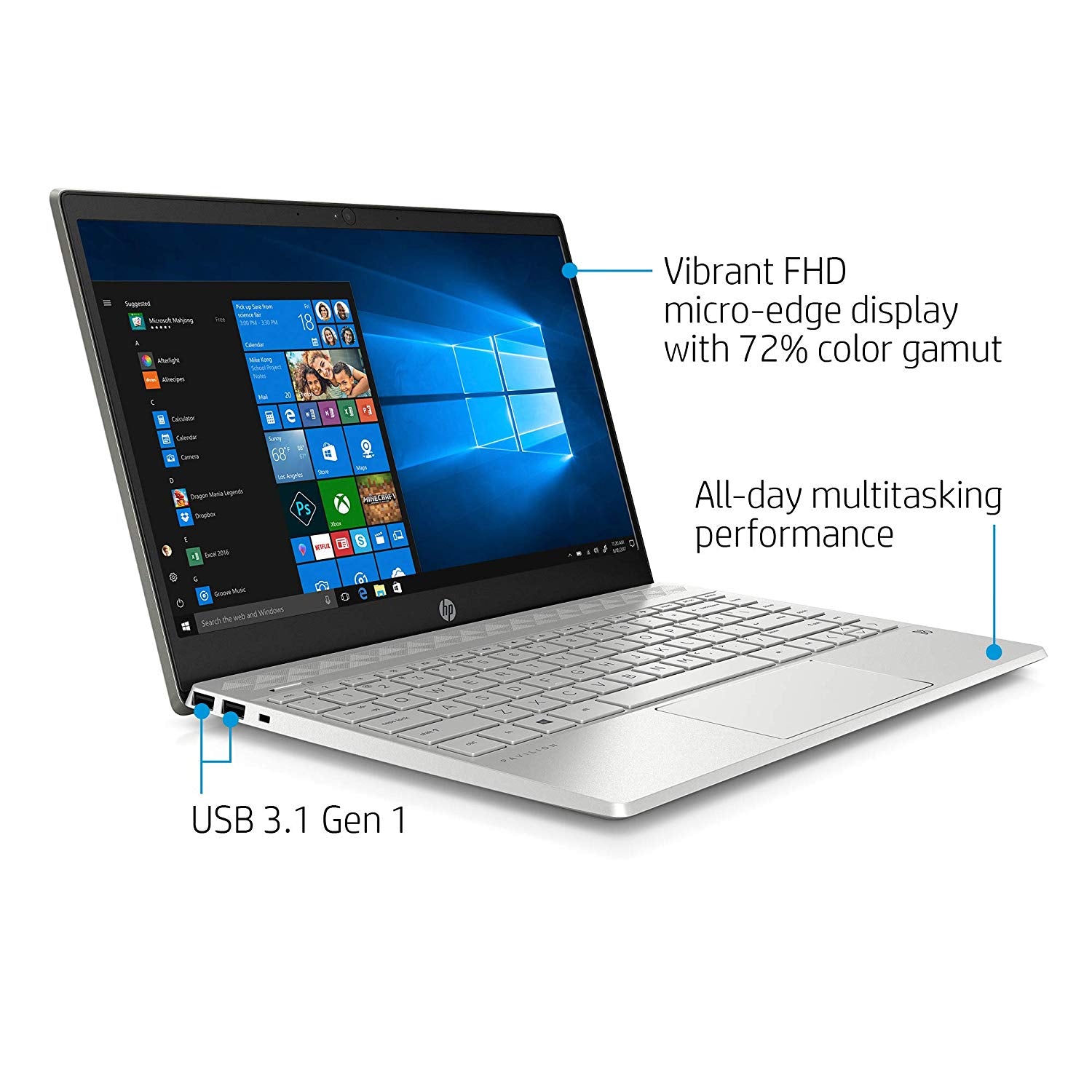 HP Pavilion 13-an0031wm 13.3" FHD (Non-Touch) Notebook, Intel Core i3, 2.10GHz, 8GB RAM, 128GB SSD, Windows 10 Home 64-Bit, Mineral Silver - 5FS56UA#ABA