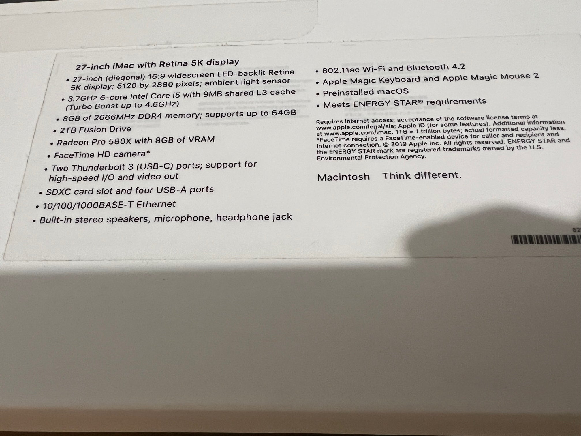 Apple iMac (Retina 5K, 27-inch,Early 2019) Intel i5,3.7GHz, 8GB RAM, 2TB Fusion Drive,MRR12LL/A