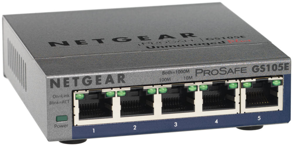 Netgear ProSafe Plus 5-Port Gigabit Unmanaged Ethernet Switch, 5 x RJ-45 Ports, Wall Mountable - GS105E-200NAS