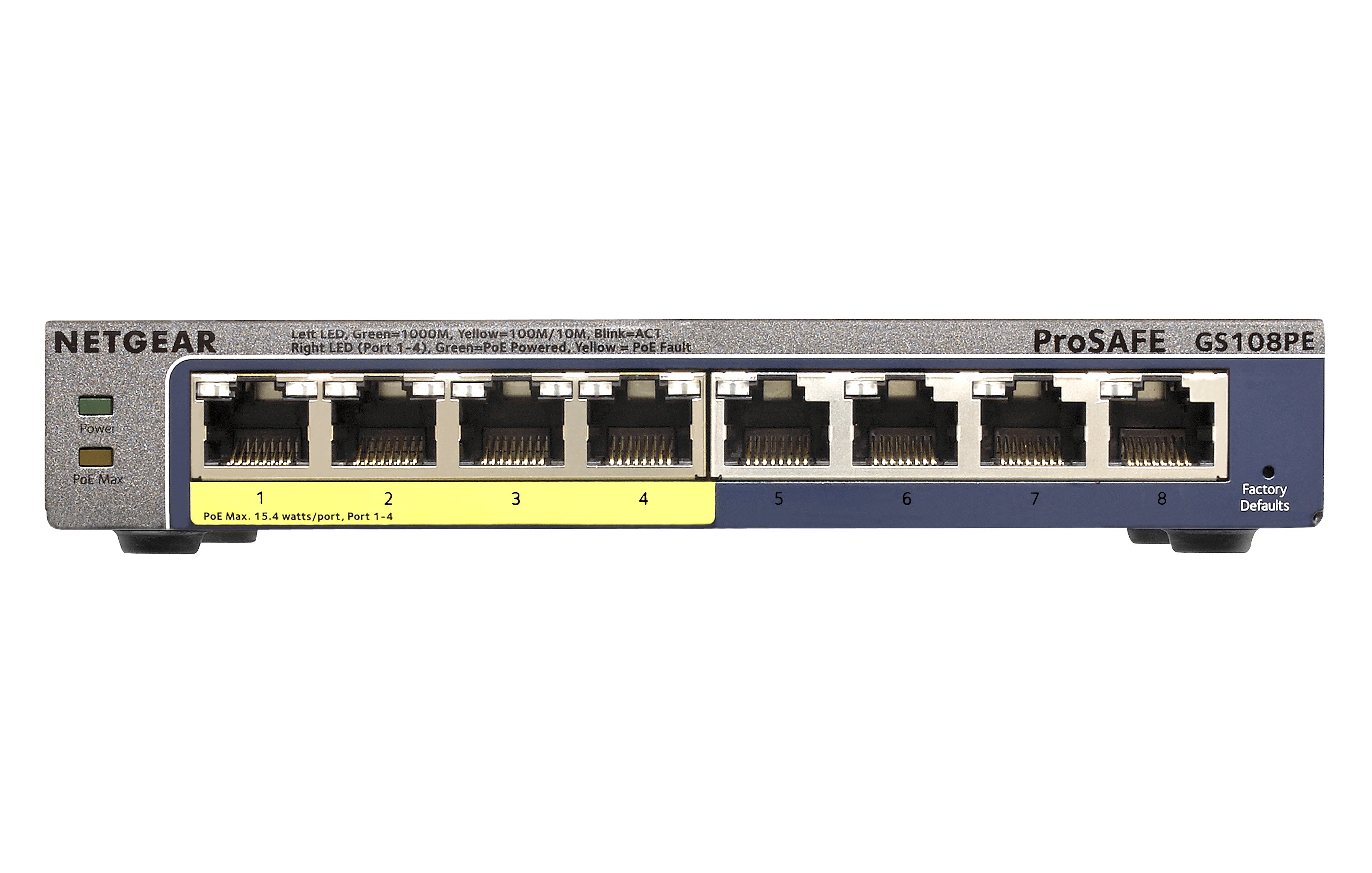 Netgear ProSafe Plus 8-Port Gigabit Ethernet Unmanaged PoE Switch, 4 RJ-45 + 4 PoE Ports, Desktop/Wall Mountable  - GS108PE-300NAS