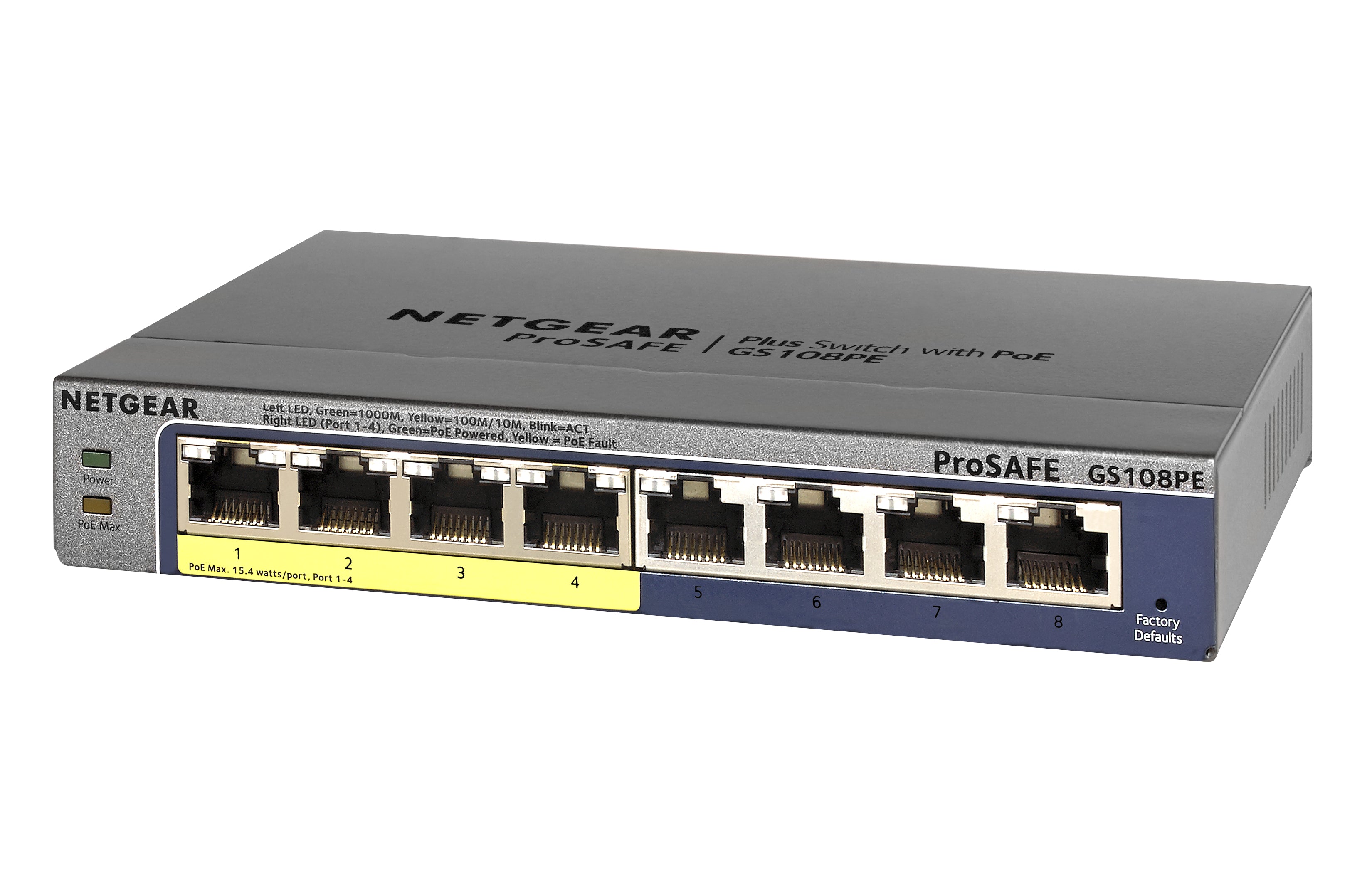 Netgear ProSafe Plus 8-Port Gigabit Ethernet Unmanaged PoE Switch, 4 RJ-45 + 4 PoE Ports, Desktop/Wall Mountable  - GS108PE-300NAS