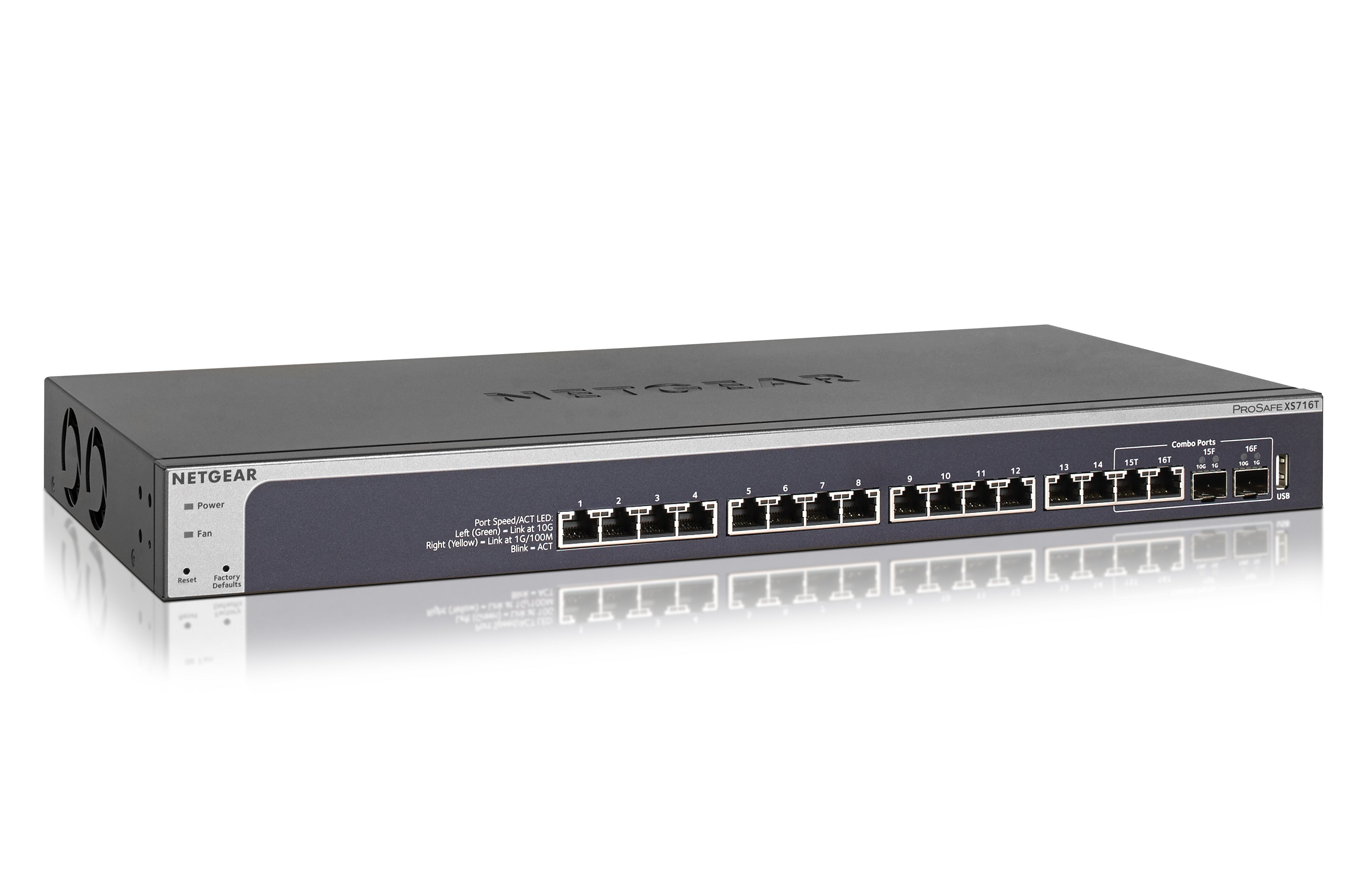 Netgear ProSafe 16-port 10-Gigabit Smart Managed Switch, 2 SFP+ 1000/10GBASE-X fiber Ports, Rack-mountable - XS716T-100NES
