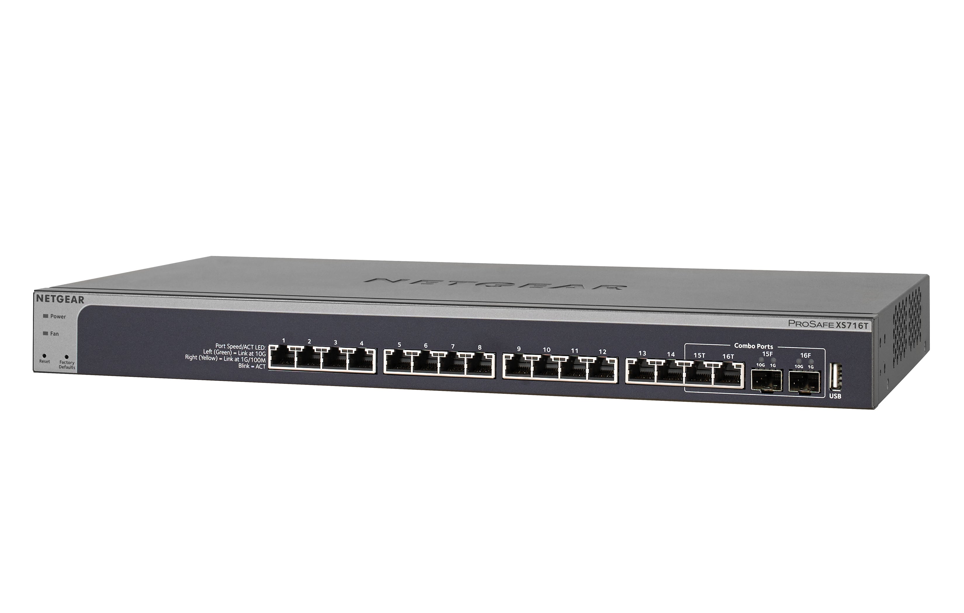 Netgear ProSafe 16-port 10-Gigabit Smart Managed Switch, 2 SFP+ 1000/10GBASE-X fiber Ports, Rack-mountable - XS716T-100NES