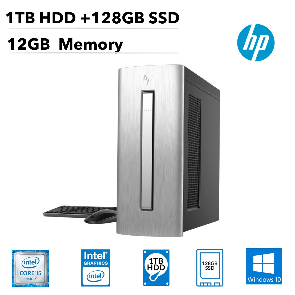 HP Envy 750-414 Tower Desktop PC, Intel Core i5-6400, 2.70GHz, 12GB RAM, 1TB HDD+128GB SSD, Windows 10 Home-64Bit, Natural Silver- X6F49AA#ABA