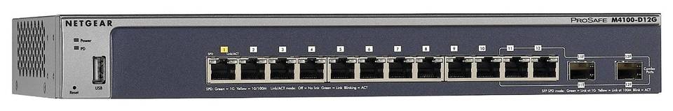 Netgear ProSafe M4100-D12G 12-port Gigabit Ethernet Fully Managed Switch, 12 RJ-45 Ports + 2 Fiber SFP Ports, Desktop/Wall-mountable - GSM5212-100NES